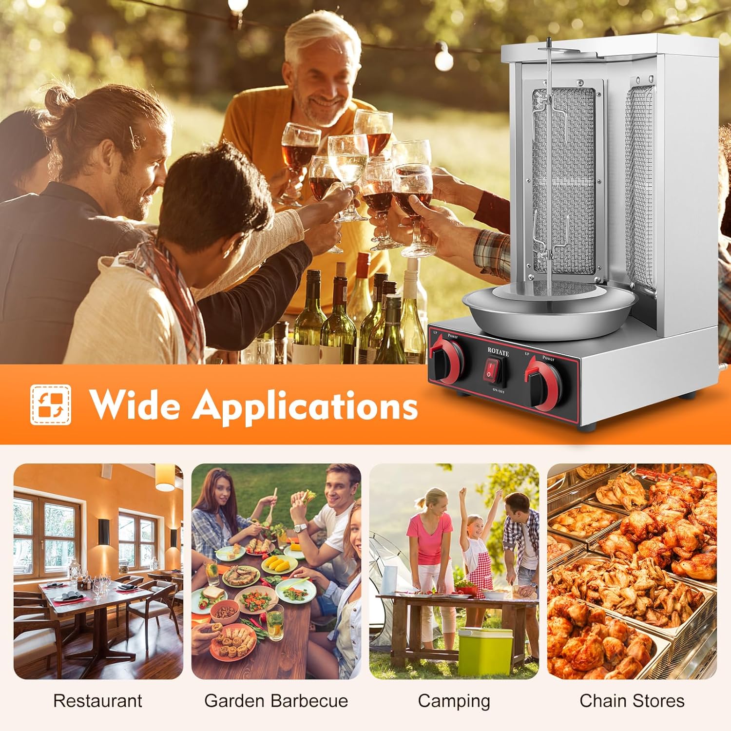 Edelstahl Gas Kebab Machine Dönergrill, Vertikalgrill, 360° Rotation Rotissiere Hähnchengrill, Dönerspieß für Gegrillt Huhn Lamm Schweinefleisch