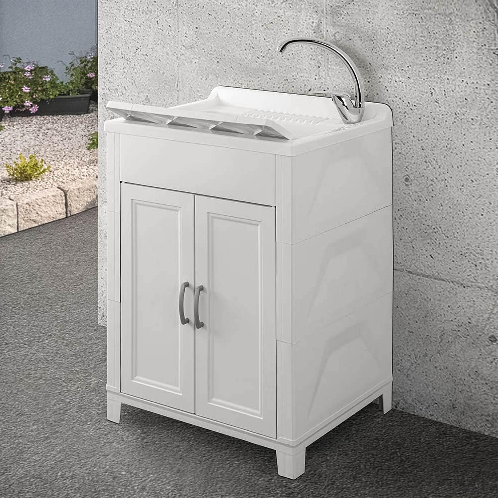 Mobile lavatoio lavanderia 60x50, ideale per esterno e interno, resina PVC bianco in kit di montaggio, INCLUDE asse e kit di scarico (60x50)