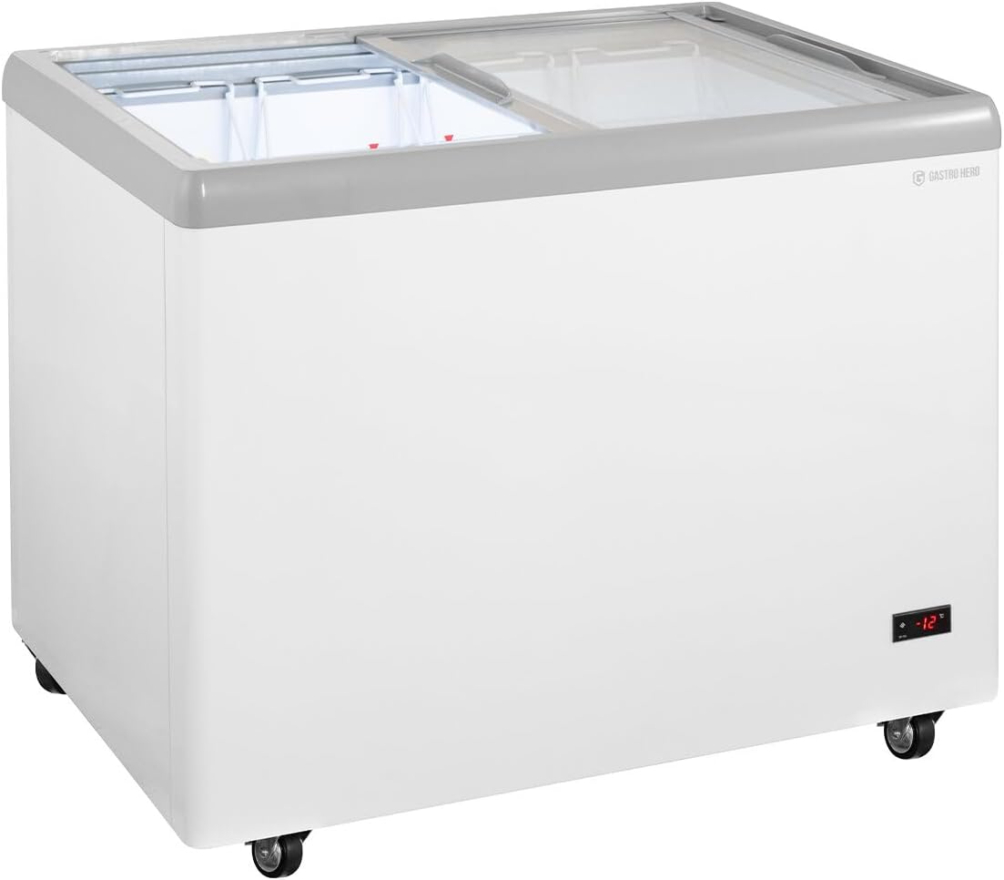 GastroHero Eiscreme Gefriertruhe 284 Liter Tiefkühltruhe LED Beleuchtung Schiebeglasdeckel Rollen Gefrierschrank Gewerbe Eis Truhe Verkauf –18 °C Gastronomie Kiosk