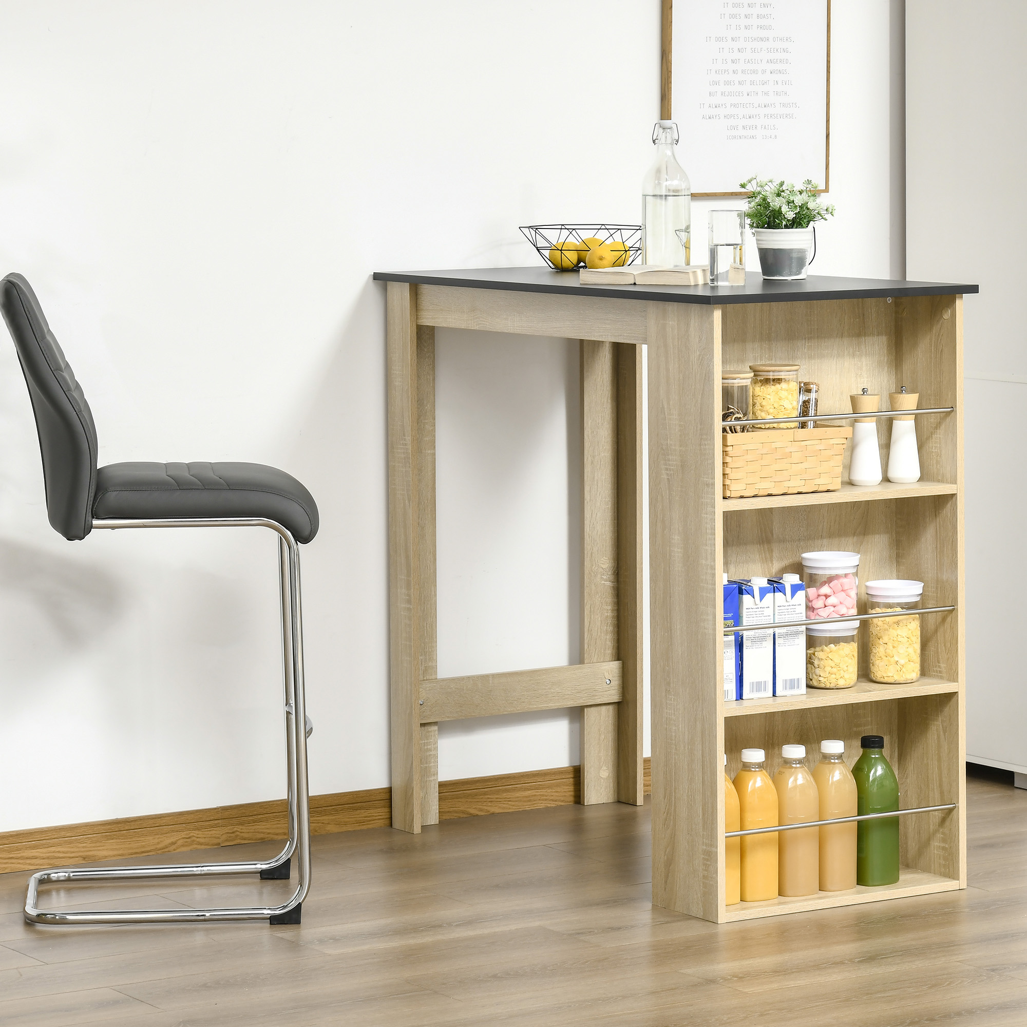 HOMCOM Bartisch hoher Küchentisch Stehtisch - Maße 112L x 57B x 106H cm - 3 Regale - Eiche Schwarz Optik