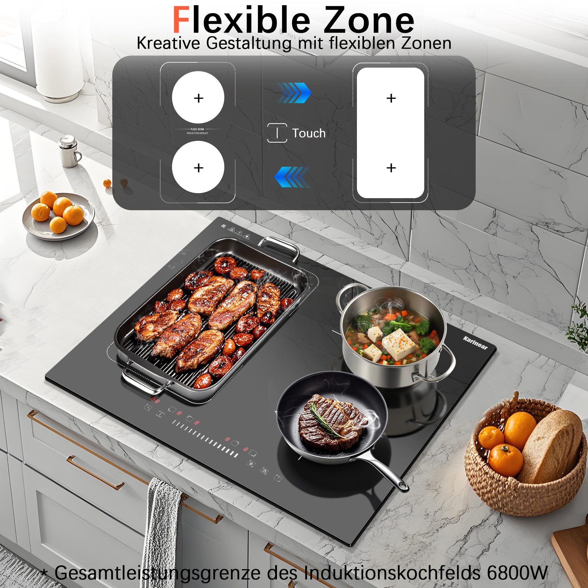Induktions-Kochfeld 4-Zonen, Flexzone, Boost, Timer, 60 cm,7200W