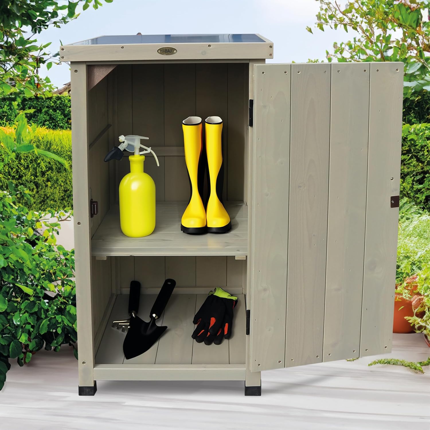 HABAU Gartenschrank Kompakt mit Arbeitsplatte, wetterfest in Grau lasiert, aus zertifiziertem Massivholz, ideal für Garten, Balkon und Terrasse, 45 x 45 x 91 cm