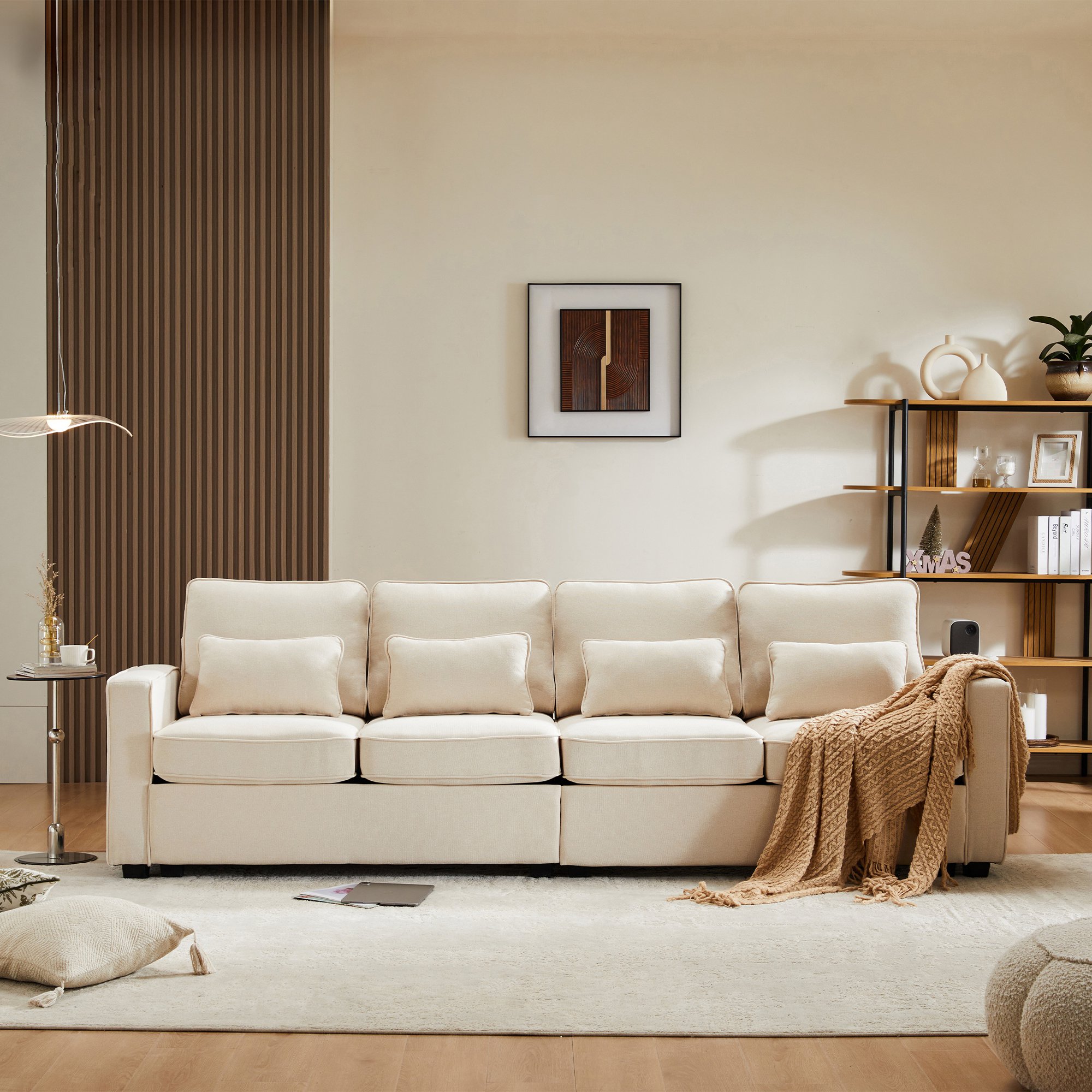 Modernes 4-Sitzer-Sofa in Leinenoptik mit Taschen an den Armlehnen und 4 Lendenkissen, geeignet für Wohnzimmer und Büro, 264x83x87 cm, Beige