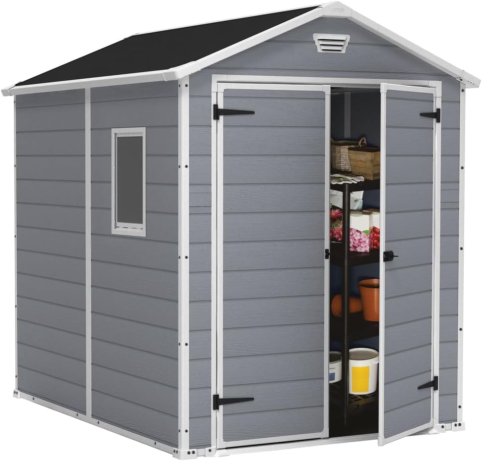 Keter Casetta da giardino Manor 6x8, Finitura Effetto Legno Graffiato, Grigia, 185,8x236,8x227 H Cm