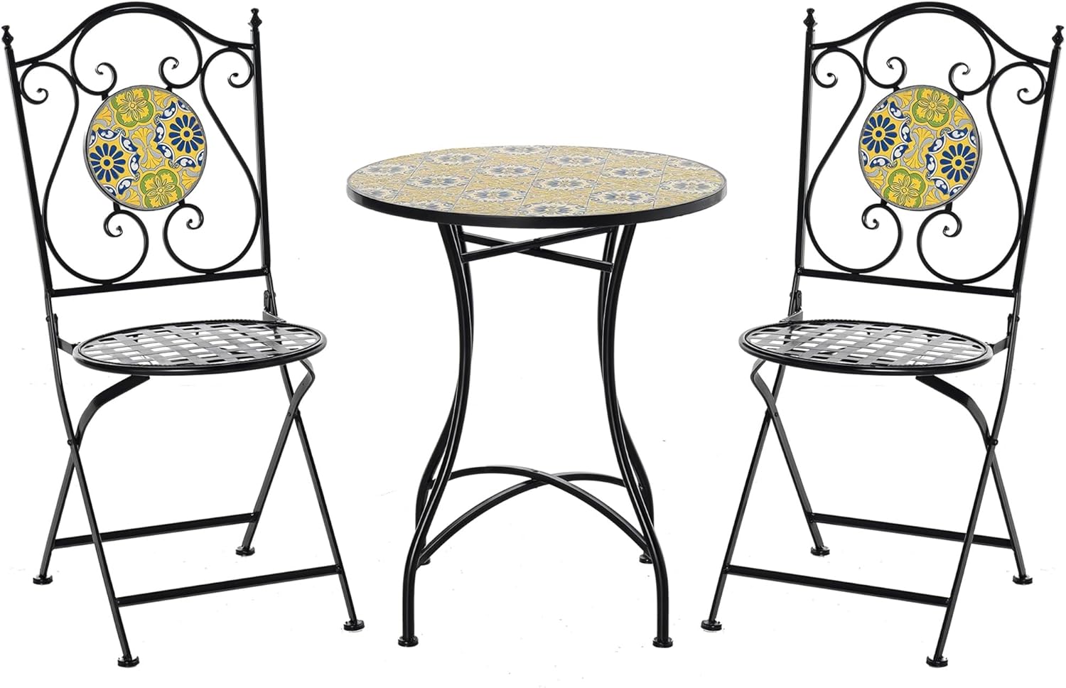 Outsunny 3-Piece Balcony Table and Chairs Set, Folding Metal Garden Set with Colourful Majolica, Multicoloured