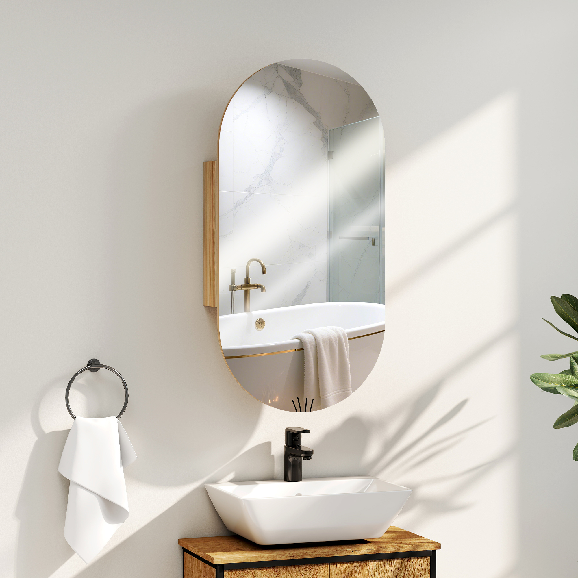 HOMCOM Wandspiegelschrank Badezimmer mit ovalem Spiegel 45 x 90 cm modern rahmenlos Naturholz