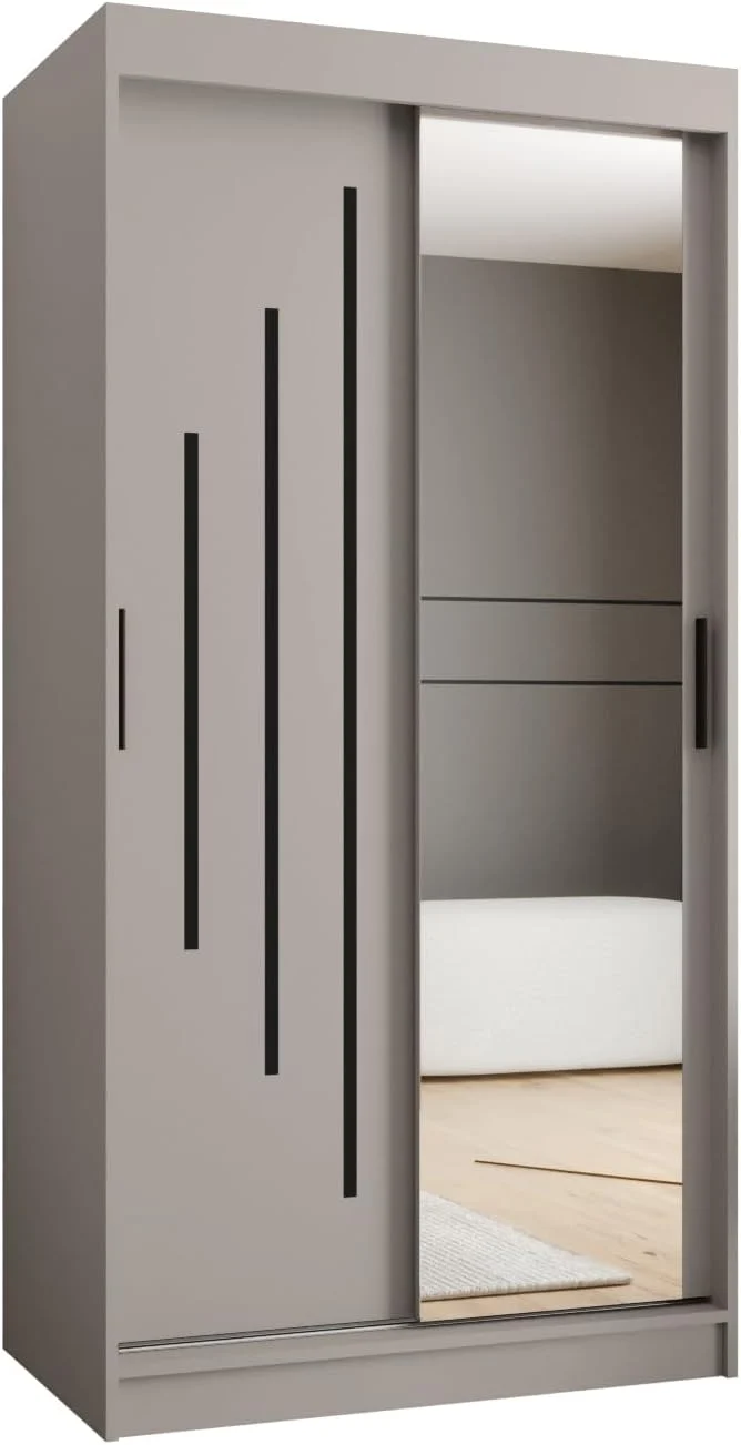 Kryspol, Kleiderschrank 100 cm Breit x 200cm(H) x 62cm(T), Kleiderschrank mit Spiegel, Schwebetürenschrank, 2 Türen, Laminierte Möbelplatte