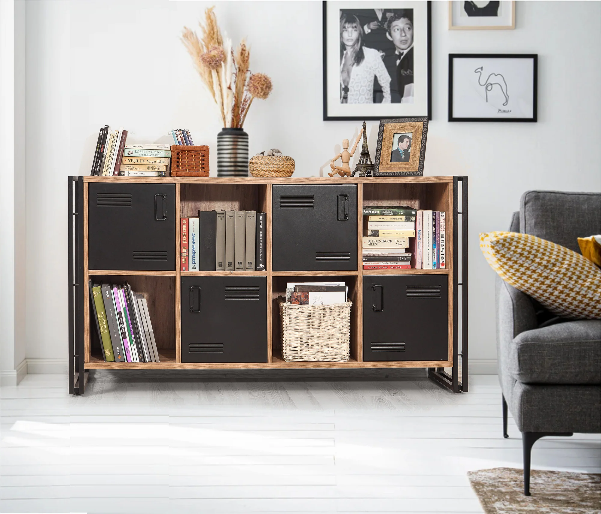 Libreria scaffale bassa a scacchiera industrial legno e metallo 8 vani cm 164x35x89h