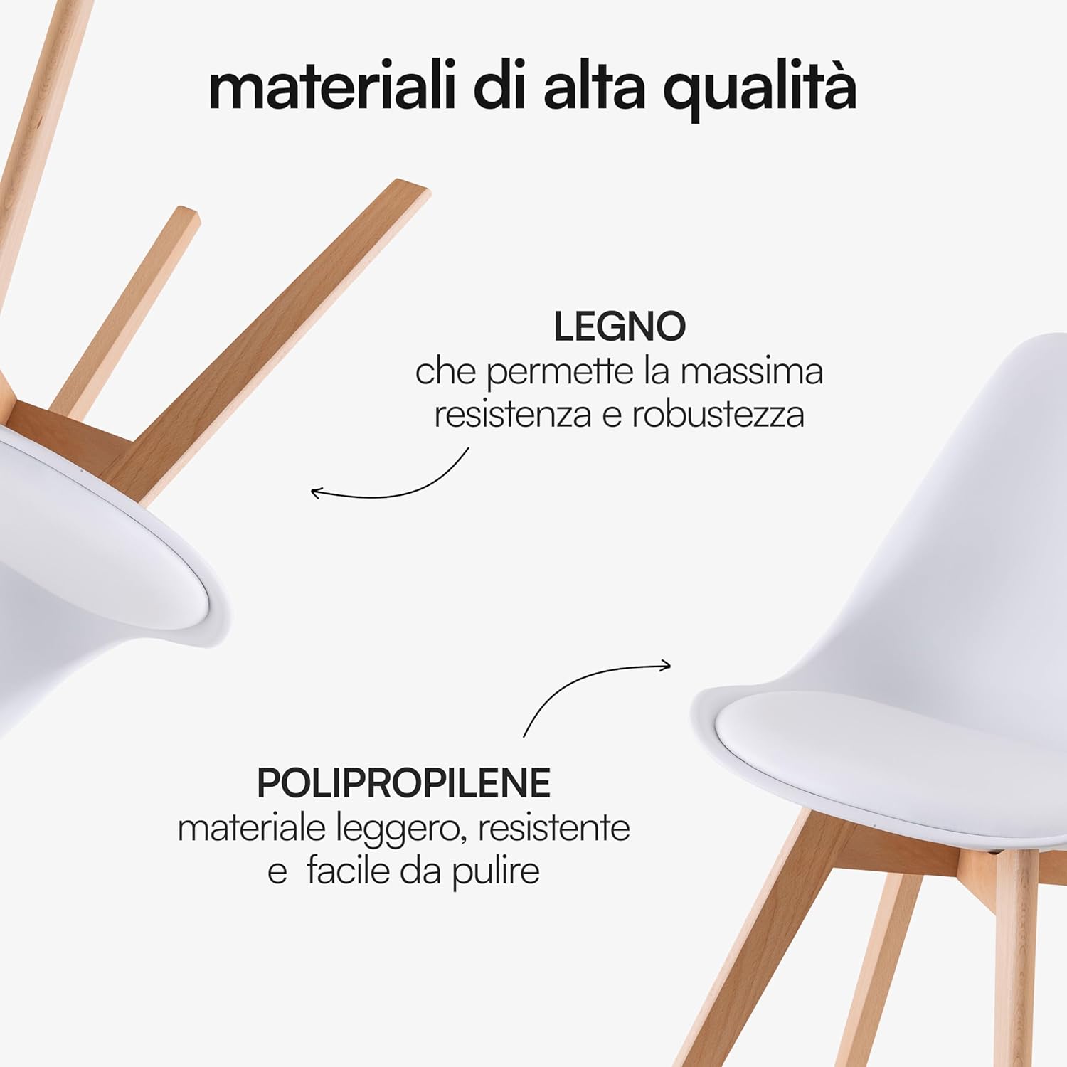 Baroni Home Set di 4 Sedie da Pranzo o Ufficio con Gambe in Legno, Sedia Ergonomica con Cuscino Integrato 57X48X79 cm Bianco