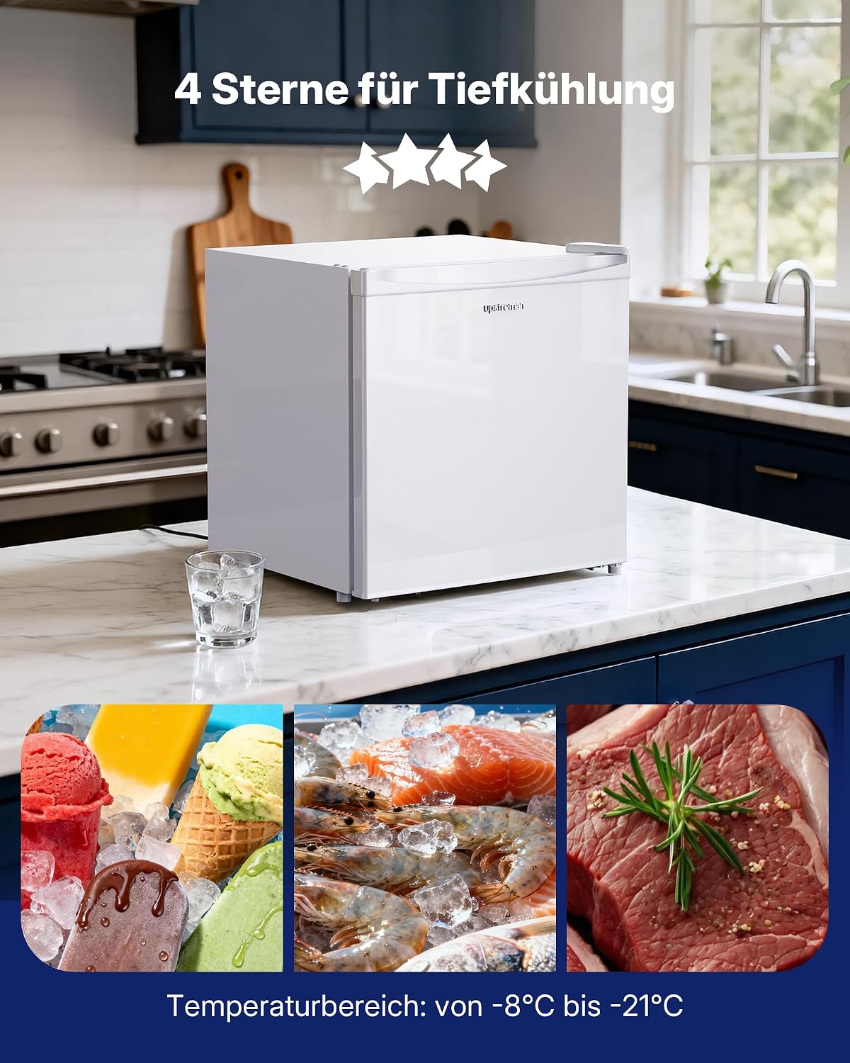 Upstreman 35L Gefrierschrank Klein, -21℃ 4 Sterne Mini Gefrierschrank,Umkehrbare Türen,Leise, Energiesparend,Reversibles Türscharnier,Tiefkühlschrank Klein,Büro, Hotel, Weiß, UF35