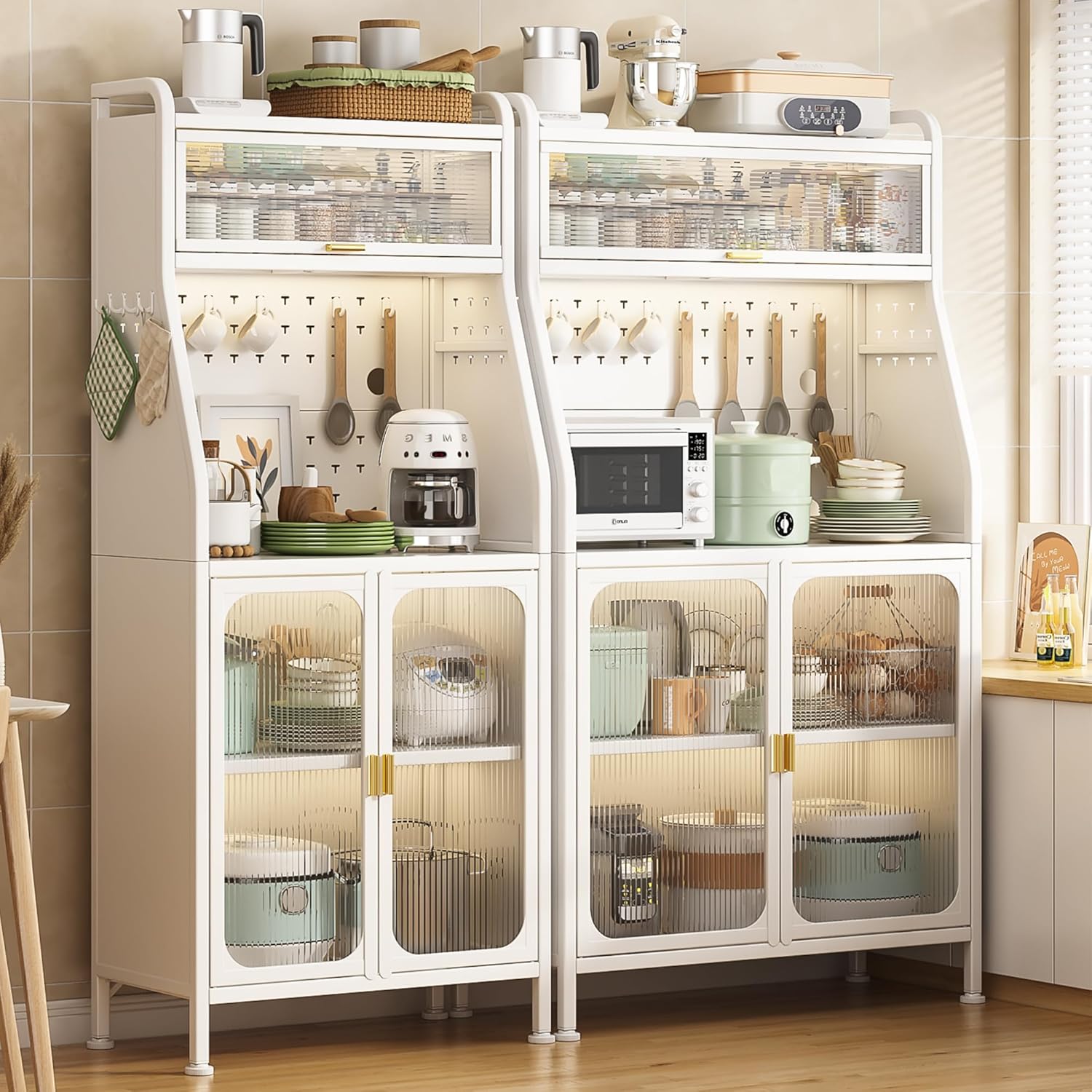 Credenza Cucina Alta con Ruote,Installazione senza viti,Mobile Microonde,Mobile Buffet con Ripiani Regolabili e Ante,Credenza Alta per Cucina,Soggiorno, Studio 160x66x36cm Bianco