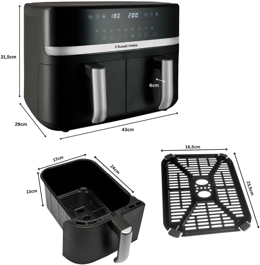 Russell Hobbs Heißluftfritteuse 2 Kammern 9L Rapid AirFryer [2 Fächer je 4,5l, sehr leiser Betrieb, 9 Programme] SatisFry Fritteuse (spülmaschinenfest, Match & Synchronisierungsfunktion) 27681-56