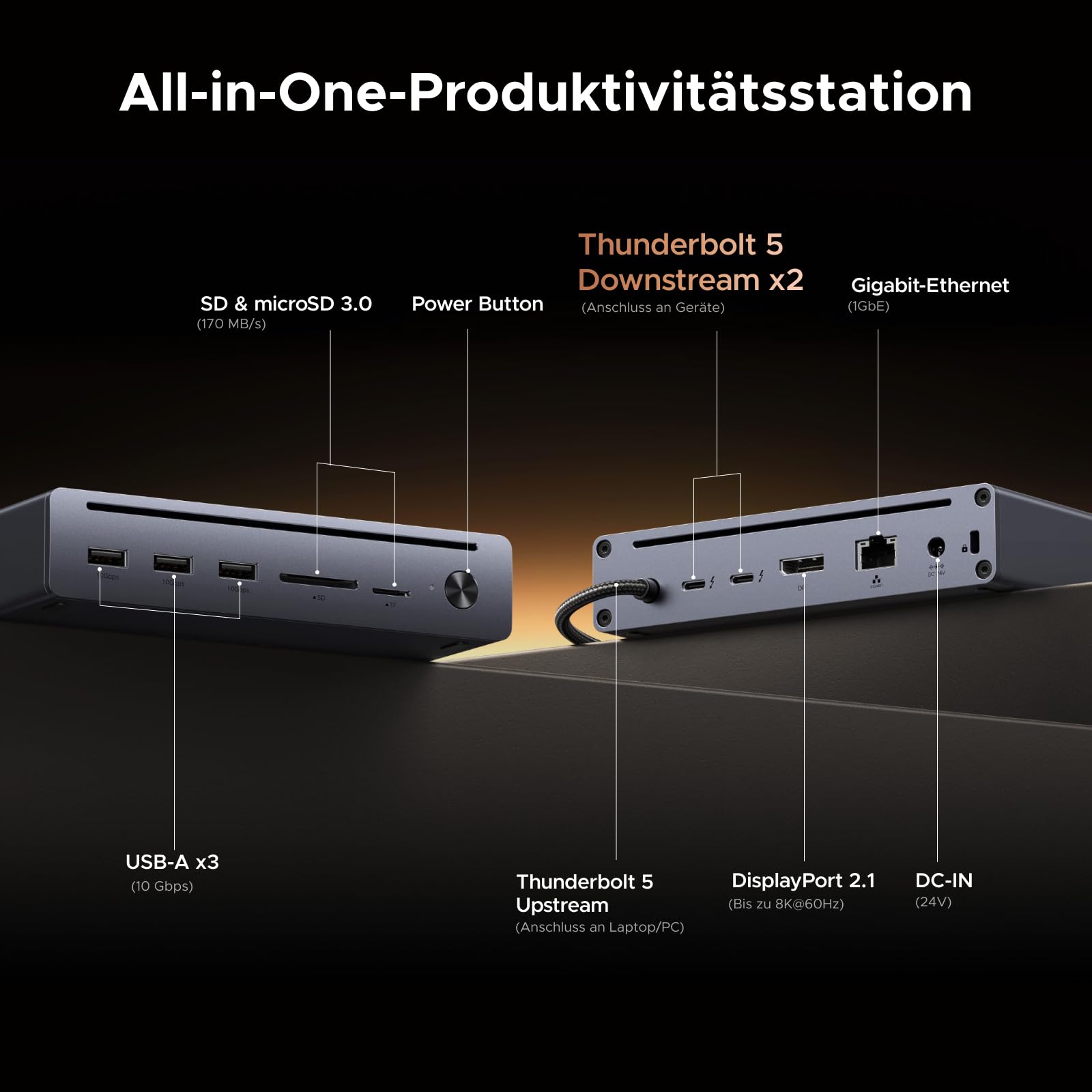 Thunderbolt 5 Dock 10-in-1 mit 140W Netzteil, 6K@60Hz oder 4K@120Hz für Thunderbolt-Laptops