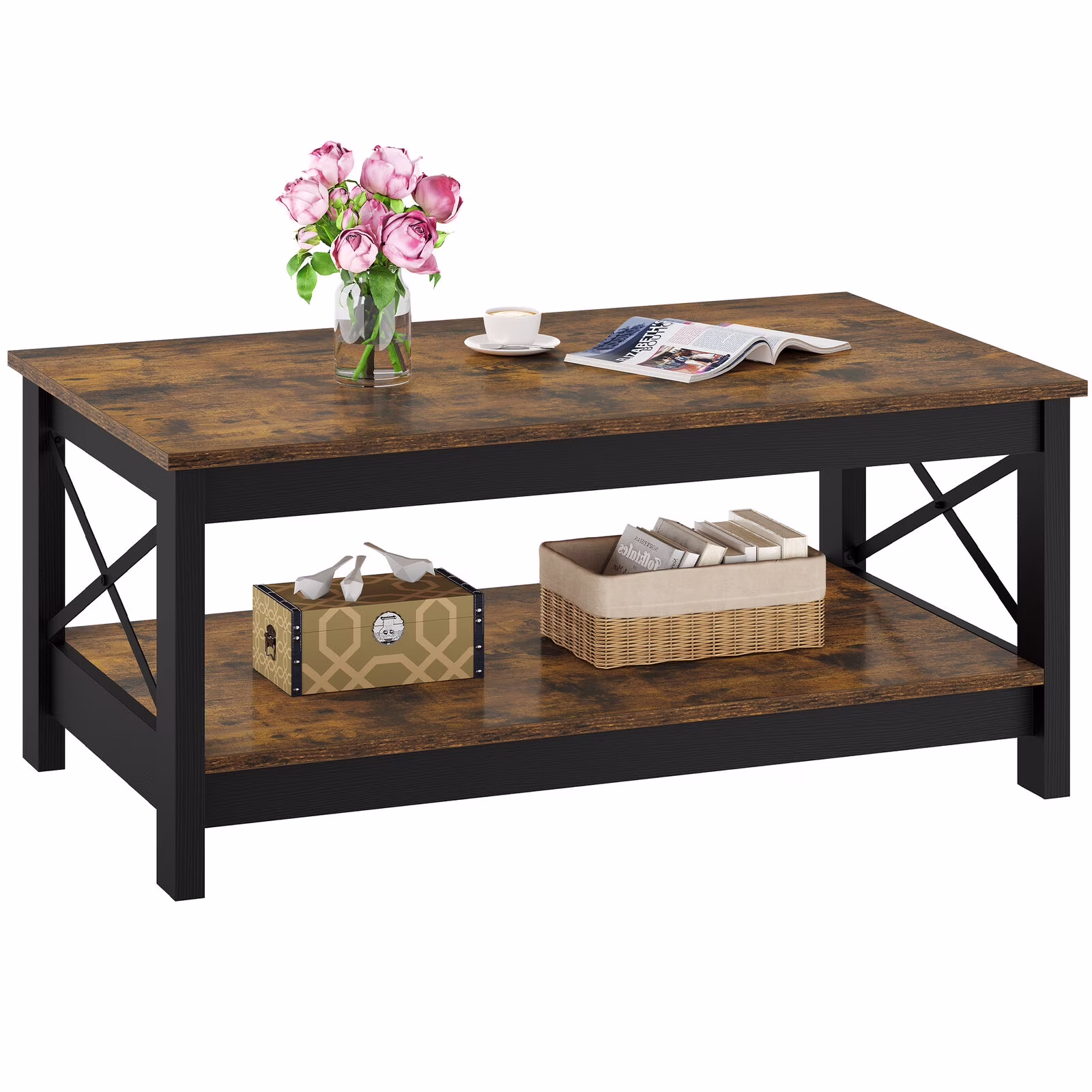 Veado Farmhouse 2 - Tier Coffee Table with Storage - Rustic Brown Center Cocktail Table for Living Room, Sturdy Wooden Build, Vintage Design, Ideal for Farmhouse & Country Home Decor, Easy Assembly