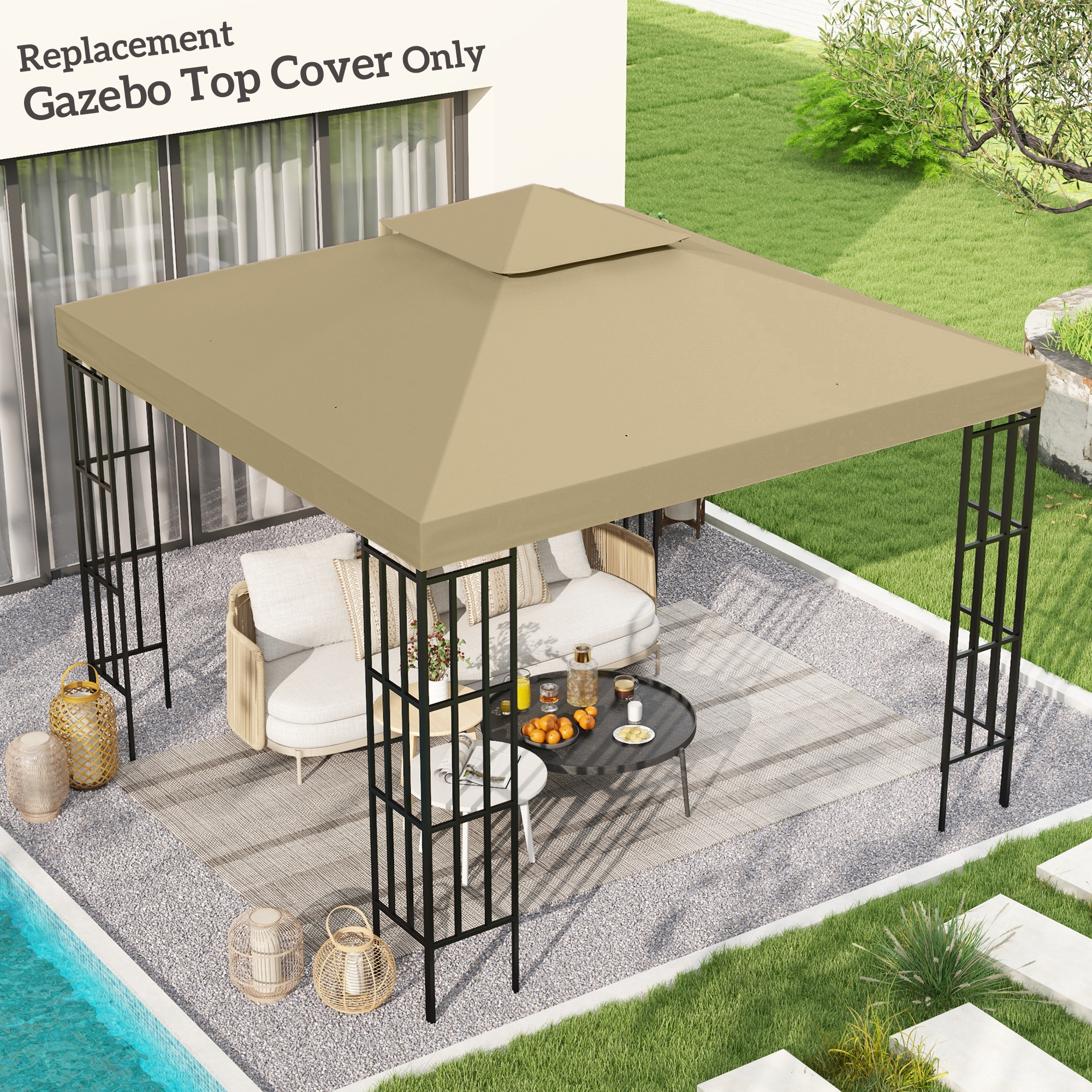 Outsunny Ersatzsegel für Pavillon, Sonnensegel 3 x 3 m, Polyester mit hoher Dichte 180 g/m² Beige
