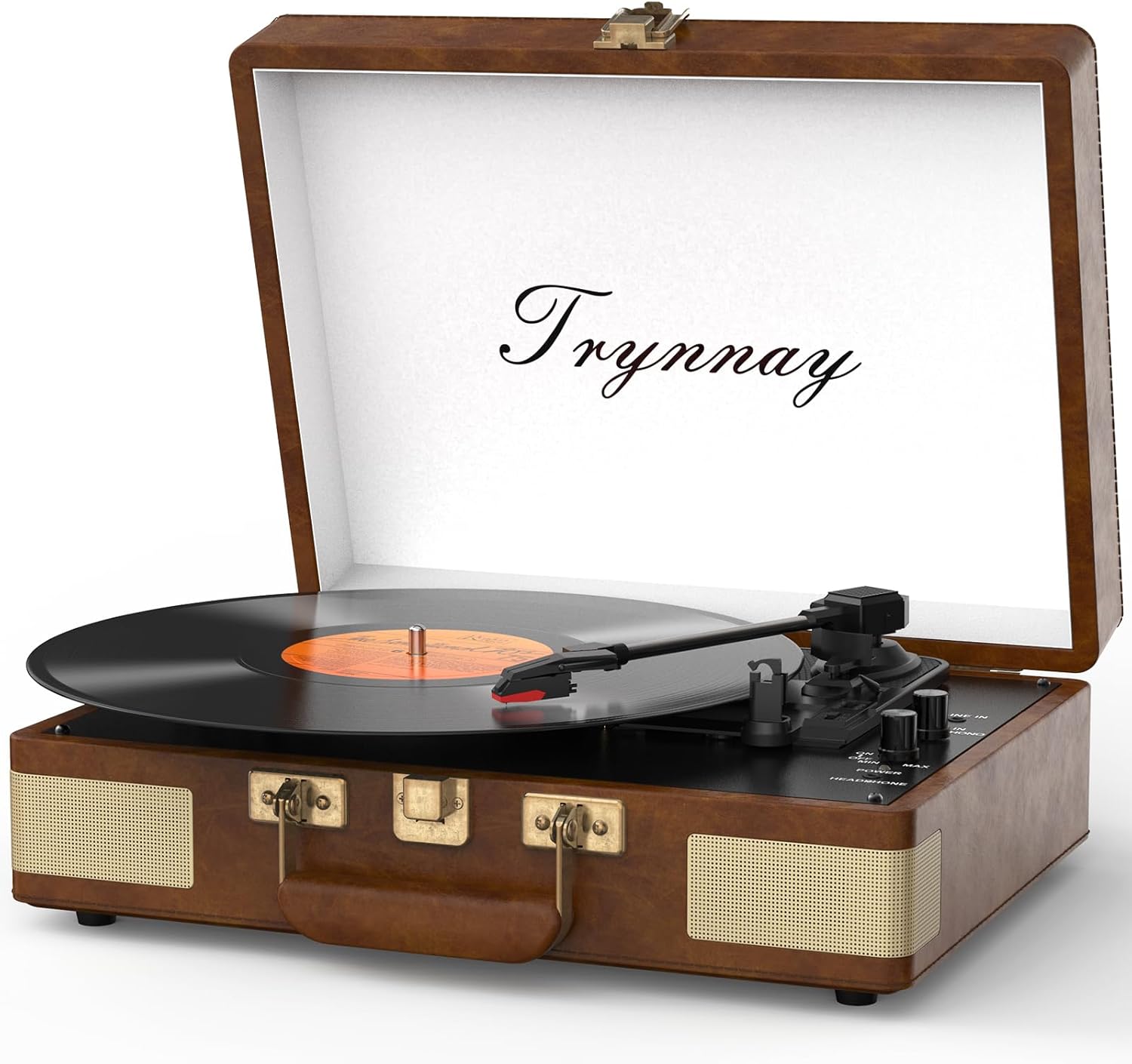 Trynnay Giradischi a 3 marce, lettore portatile in vinile con altoparlanti integrati, giradischi, audio migliorato, pelle PU, vintage nero