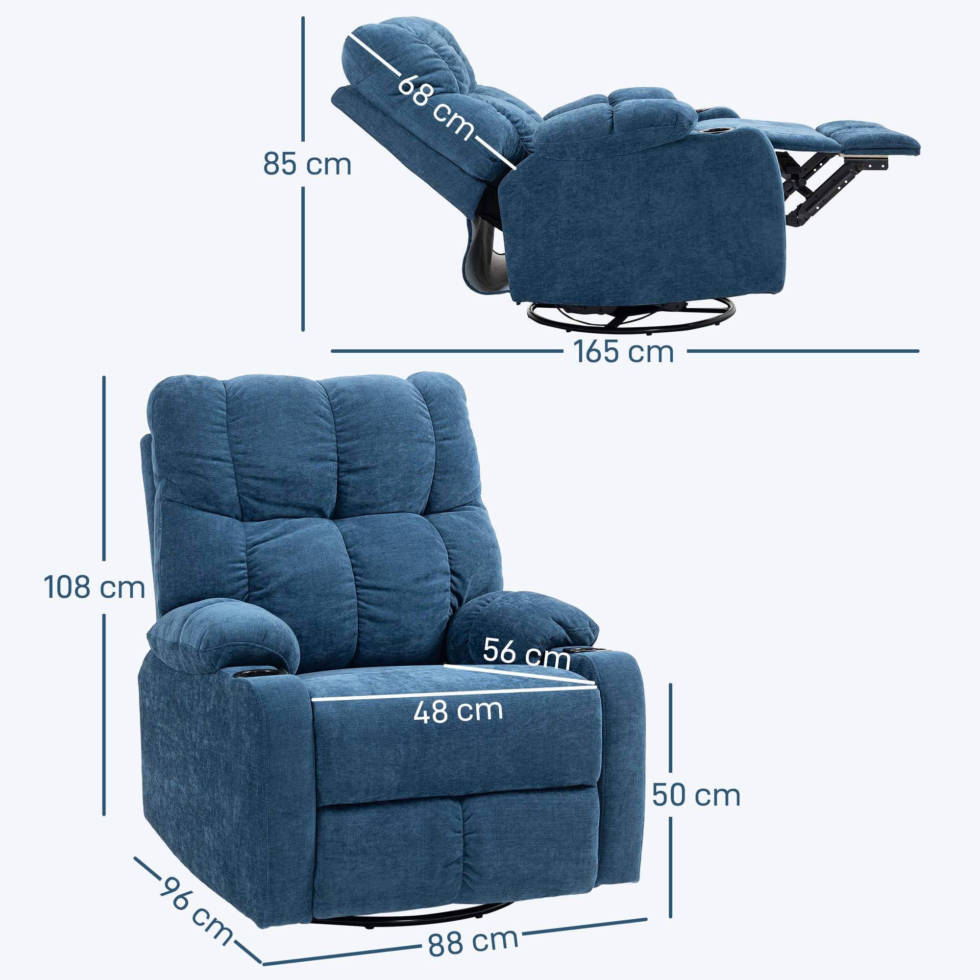 Relaxstoel met Voetensteun, Ligstoel, Draaibaar, tot 150 kg, Stalen Frame, 88x96x108cm, Donkerblauw