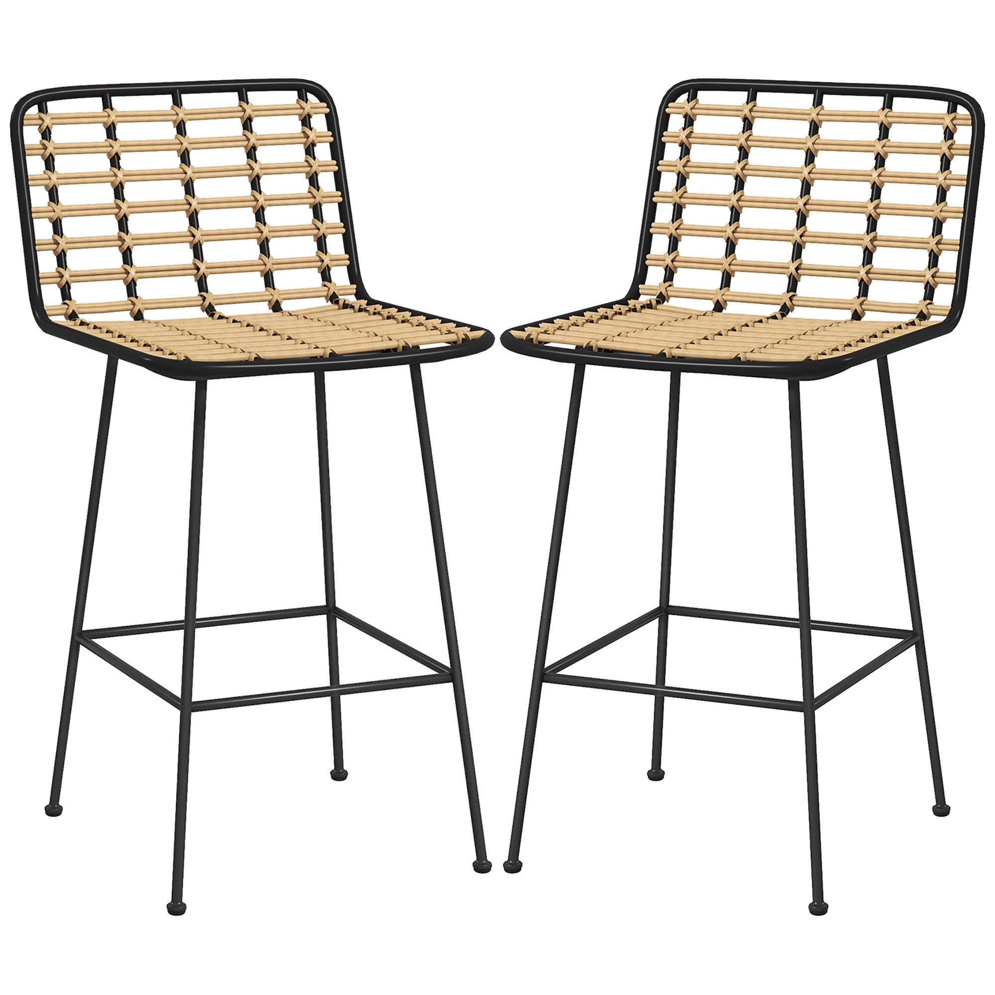 HOMCOM Lot de 2 Tabourets Barhocker Design Bohème Höhe 66 cm mit schwarzer Stahl-Fußstütze und PE-Rattansitz
