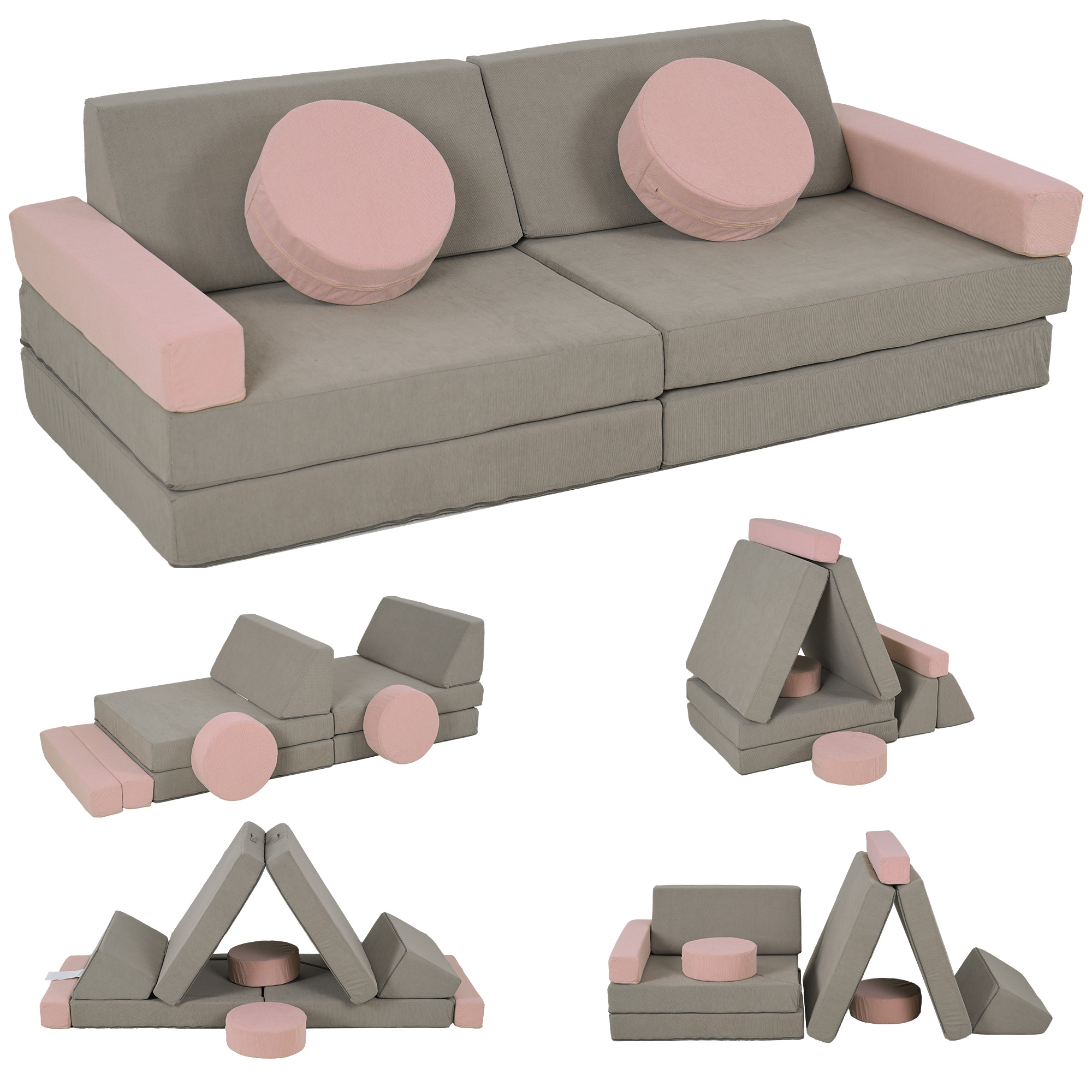 AIYAPLAY Modulaire Kinder Speelsofa, 12 Zachte Bouwstenen in 6 Vormen, Wasbare Hoezen, Grijs/Roze