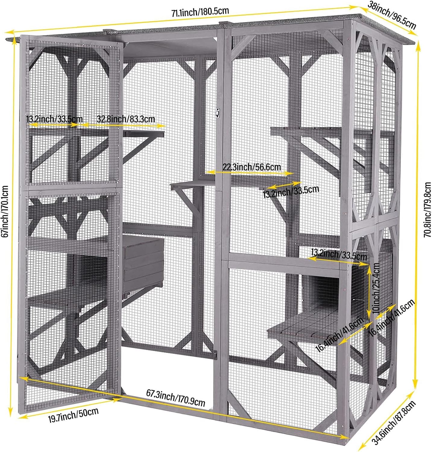 Kattenhuis Outdoor Catio Kitty Omheining met Super Grote Toegangsdeur, Houten Kattenkooi Condo Indoor Box met Platforms en Klein Huis