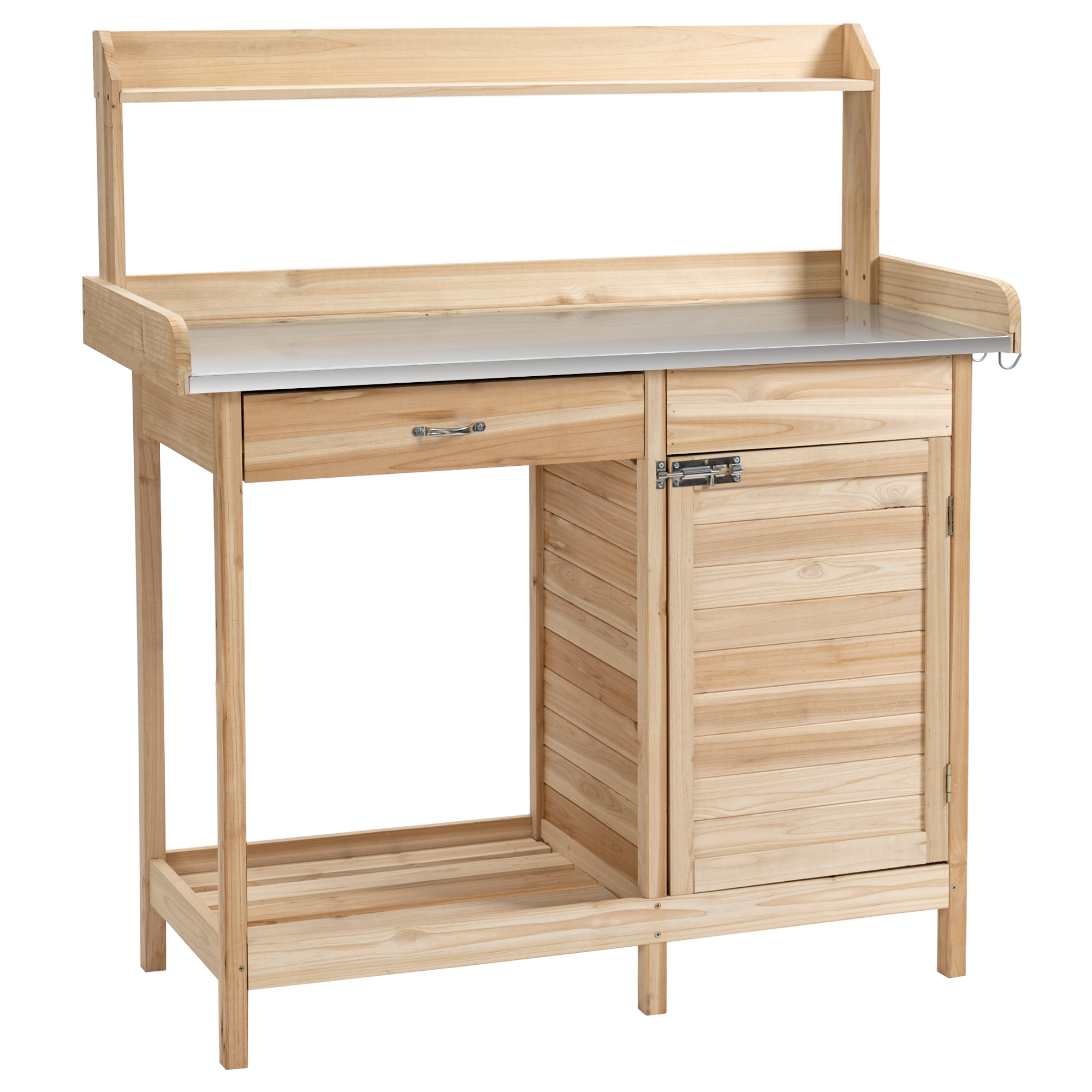 Outsunny Pflanztisch mit verzinkter Arbeitsplatte Gärtnertisch mit Schublade Schrank Garten Arbeitstisch Massivholz Natur 112 x 48 x 125 cm