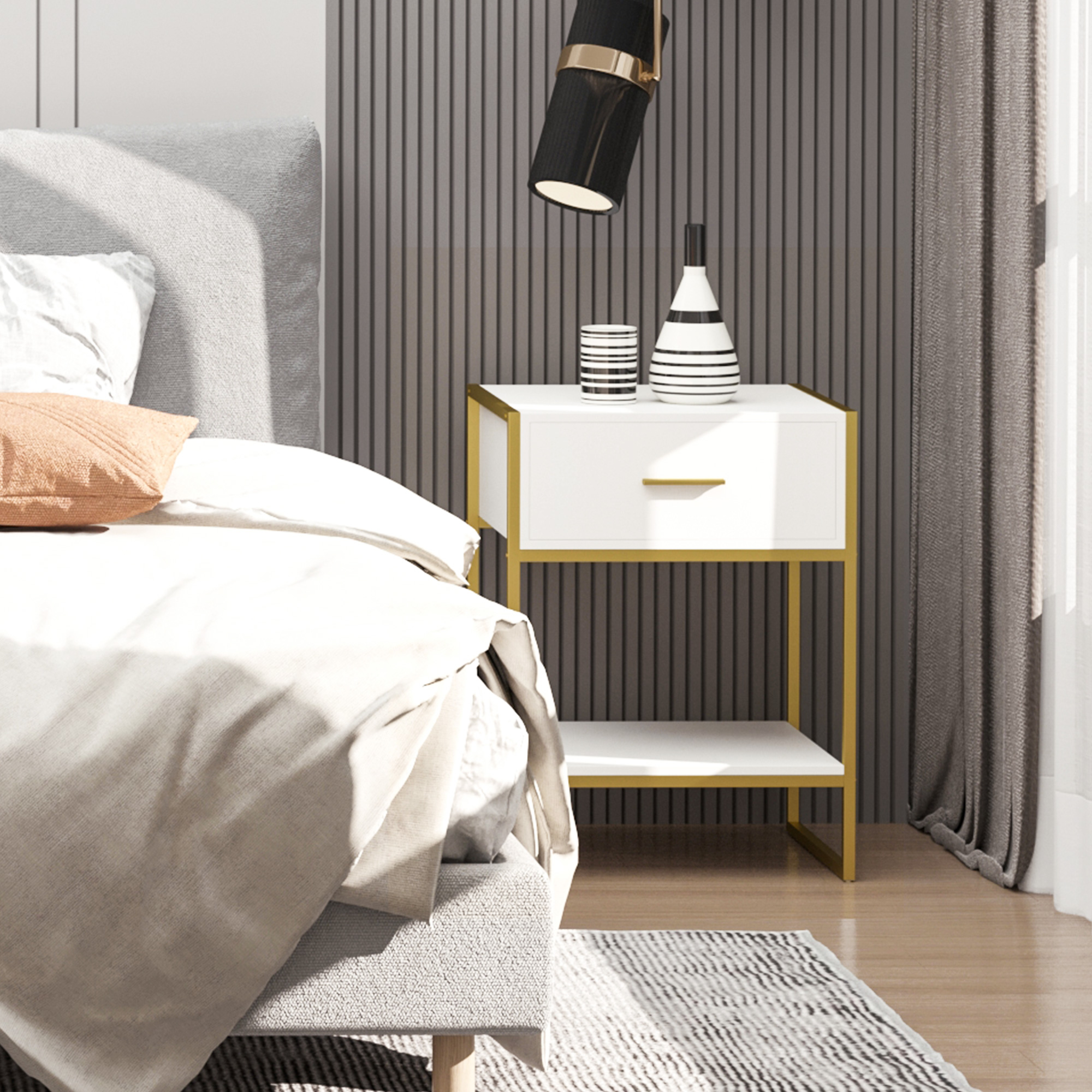 HOMCOM 2er-Set Nachttische, 1 Schublade, 1 Regal, 45 cm x 40 cm x 60 cm, Weiß + Gold