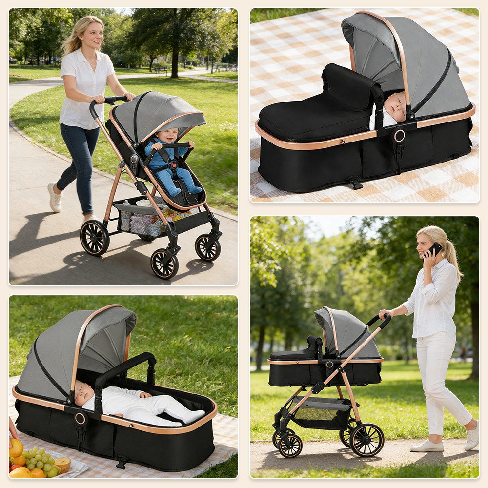 Kombi-Kinderwagen Kinderwagen Buggy 3 in 1, Folding, Reclining Position