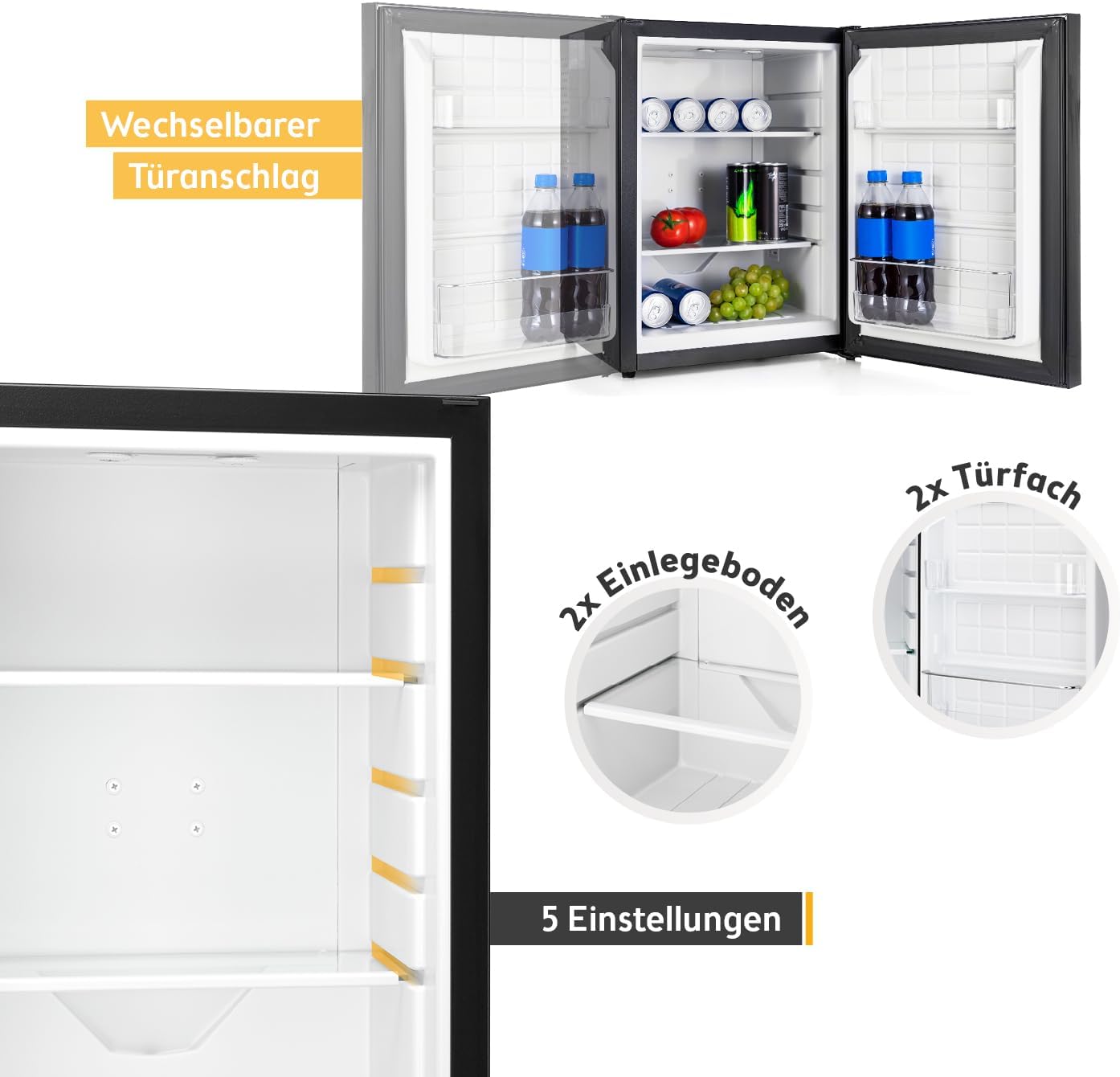 TZS First Austria - Mini Kühlschrank 40L lautlos - Kleiner Minikühlschrank wechselbarer Türanschlag & Innenbeleuchtung - Minibar für Camping, Büro, Schlafzimmer & Hotel - Glasfront