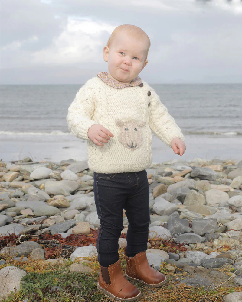 Handknit Baby Sheep Crew Neck Aran Sweater , Natural
