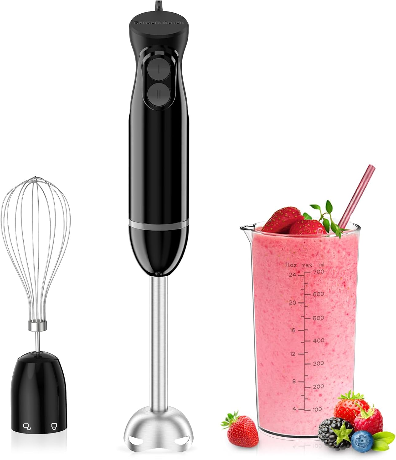 Bonsenkitchen Frullatore a Immersione Multifunzione 4 in 1, Minipimer in Acciaio Inox, 1000 W, 20 Velocità Regolabili, con Frusta, Tritatutto da 500 ml e Misurino da 700 ml, HB3203