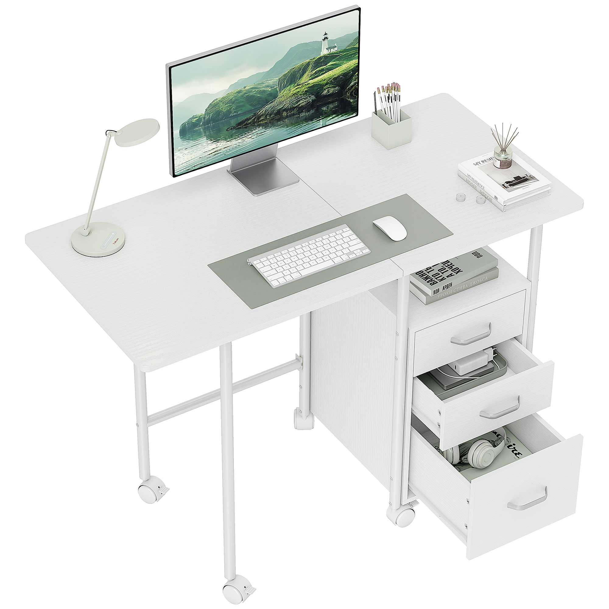 HOMCOM Klappbarer Computertisch mit Rollen, Schreibtisch mit Stauraum, 3 Schubladen, erweiterbare Plattform, 105x51x75,5 cm, Weiß