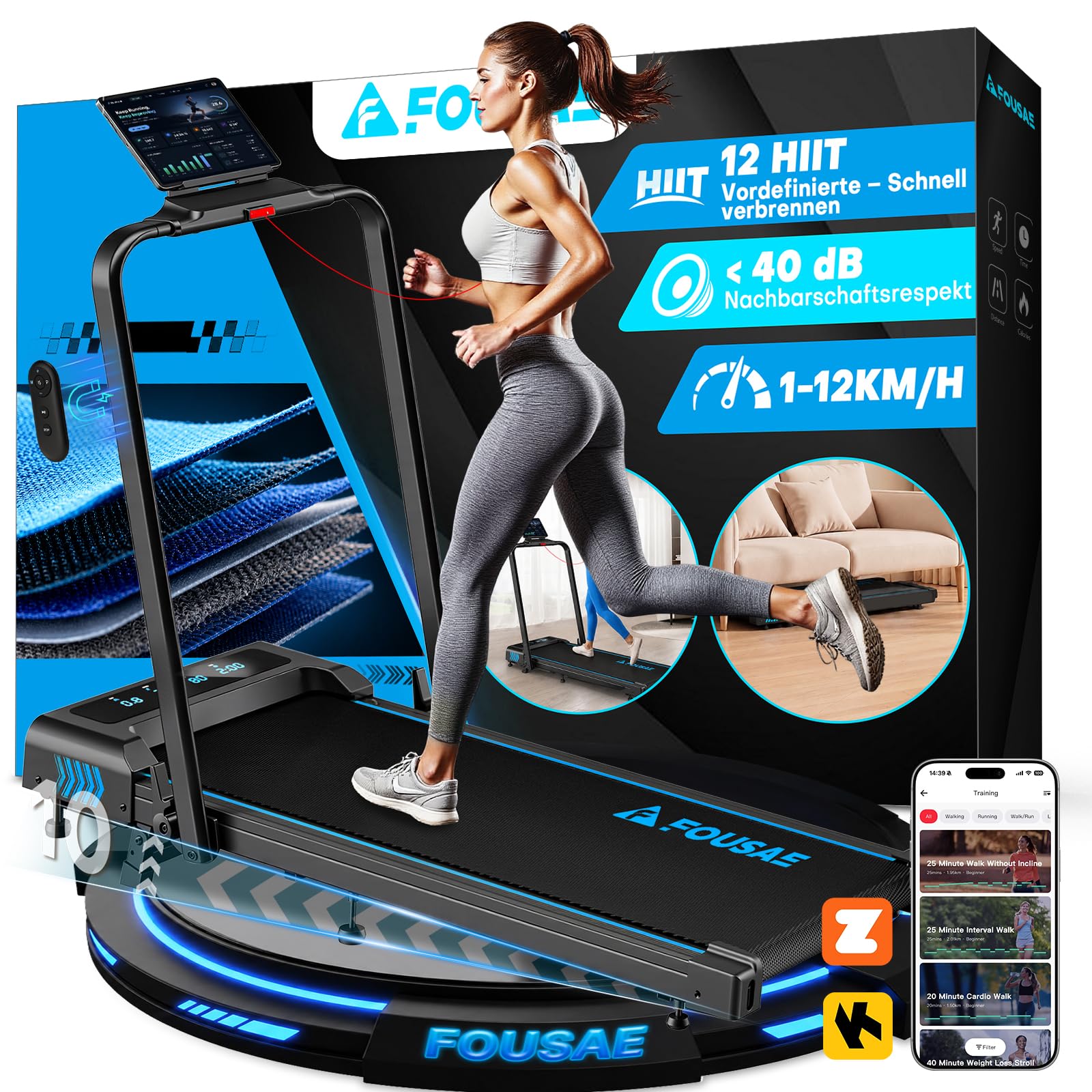 Klappbares Heimlaufband 5 in 1 Walking Pad 12 km/h 10% Steigung 2.75HP bürstenloser Motor LED App 12 Programme