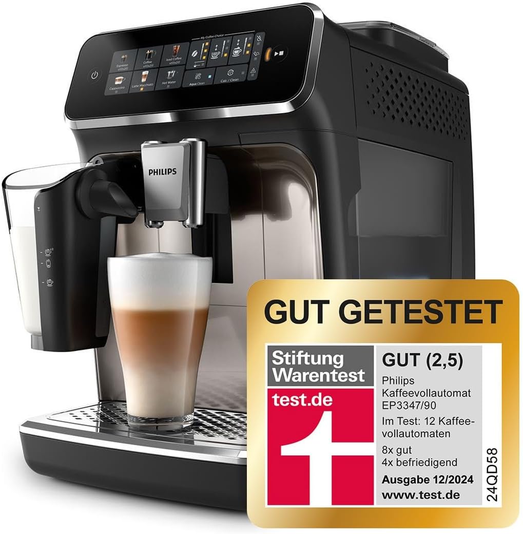 Philips 3300 Series Kaffeevollautomat - 6 Getränke, Modernes Farb-Touchscreen-Display, LatteGo-Milchsystem, SilentBrew, 100% Keramikmahlwerk, AquaClean Filter, Schwarzchrom (EP3347/90)