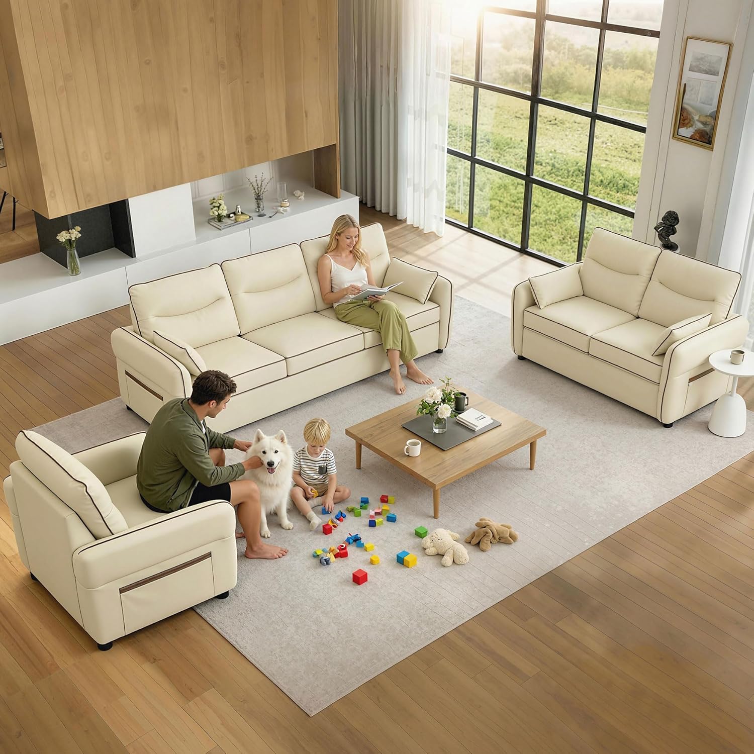 HOMCOM Divano 3 Posti Imbottito in Pelle Finta con Bordo a Contrasto, Divanetto da Salotto con Imbottitura Spessa, 2 Cuscini Rimovibile e Lavabile, Braccioli e Tasche Laterali, 190x83x90 cm, Beige