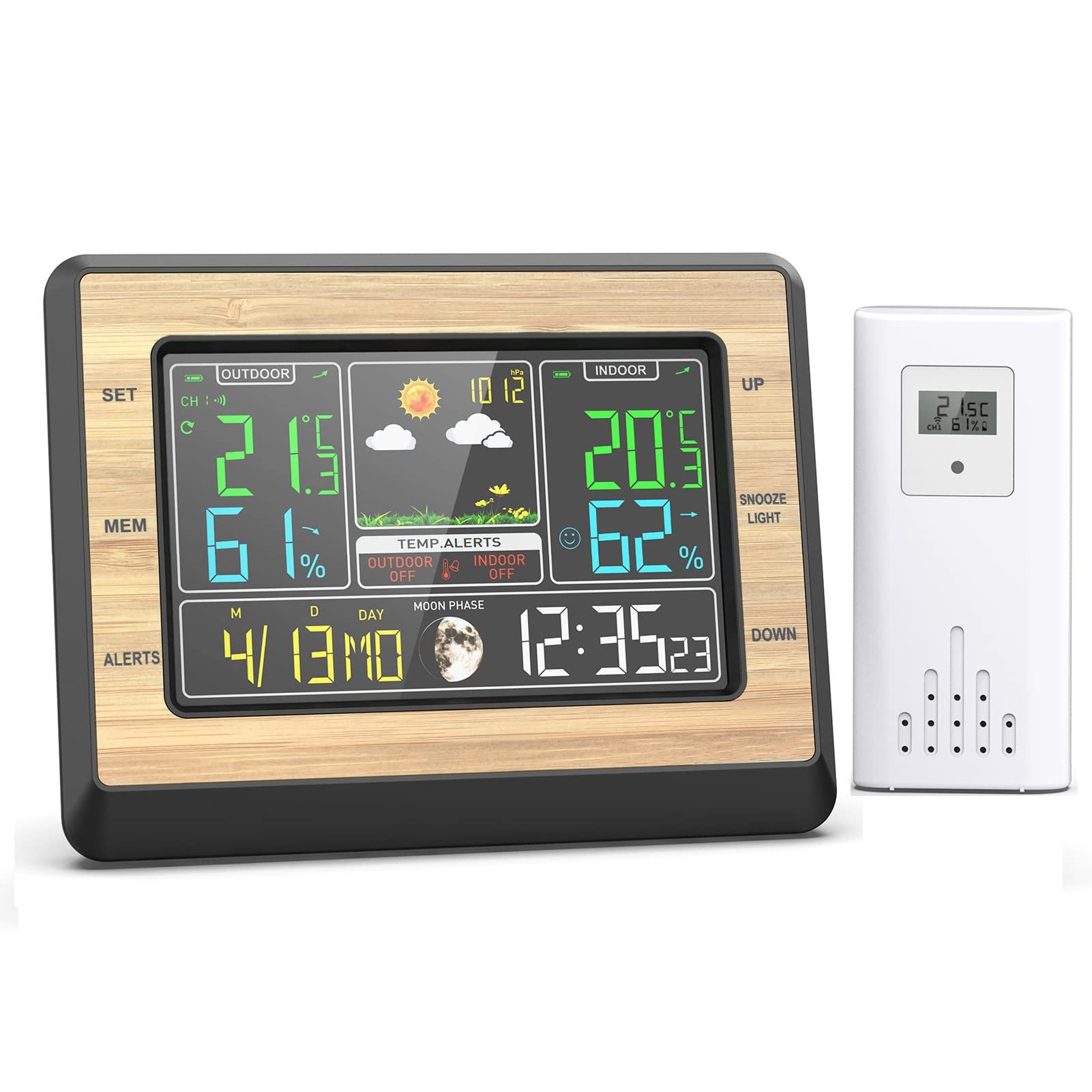 Wetterstation Funk-Wetterstation mit Außensensor, 6 Zoll Farbdisplay & Holzoptik