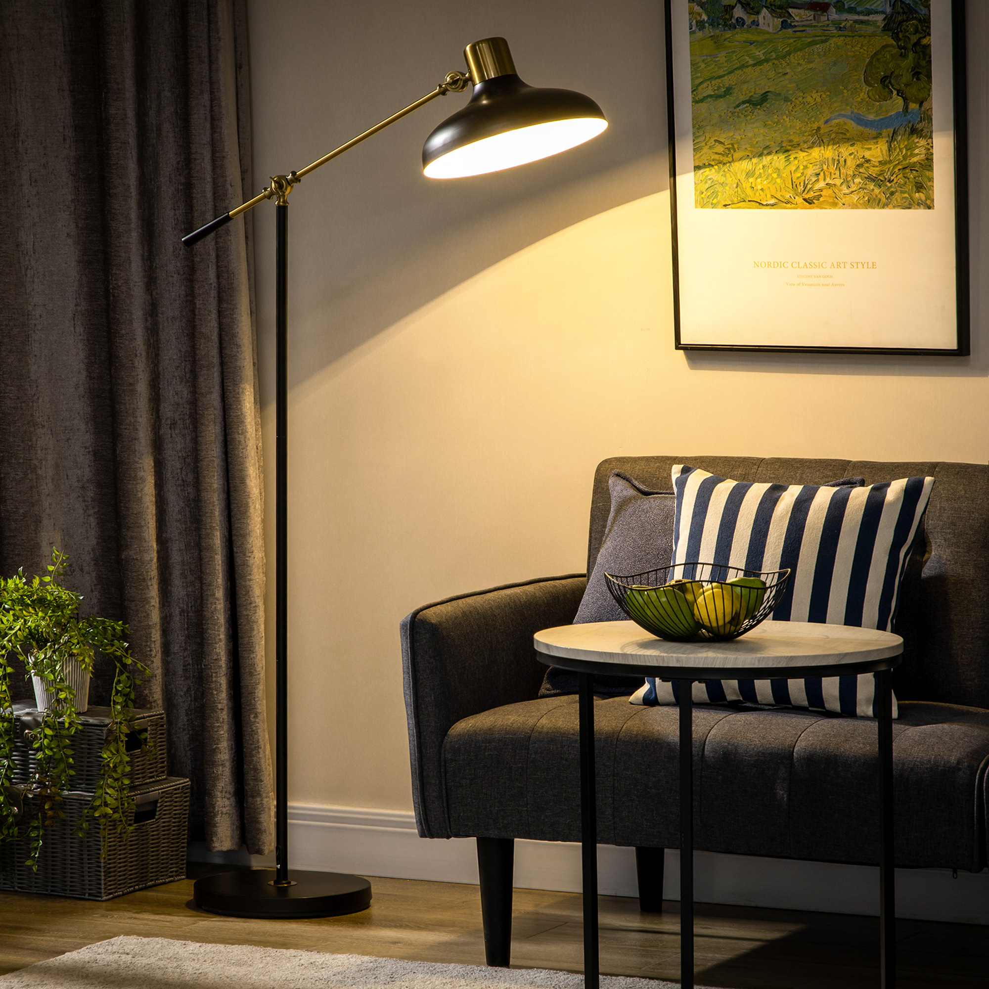 HOMCOM Stehlampe im Industriedesign, Stehlampe, Emaille, flexibles Gestell, Fußschalter, Schwarz + Gold