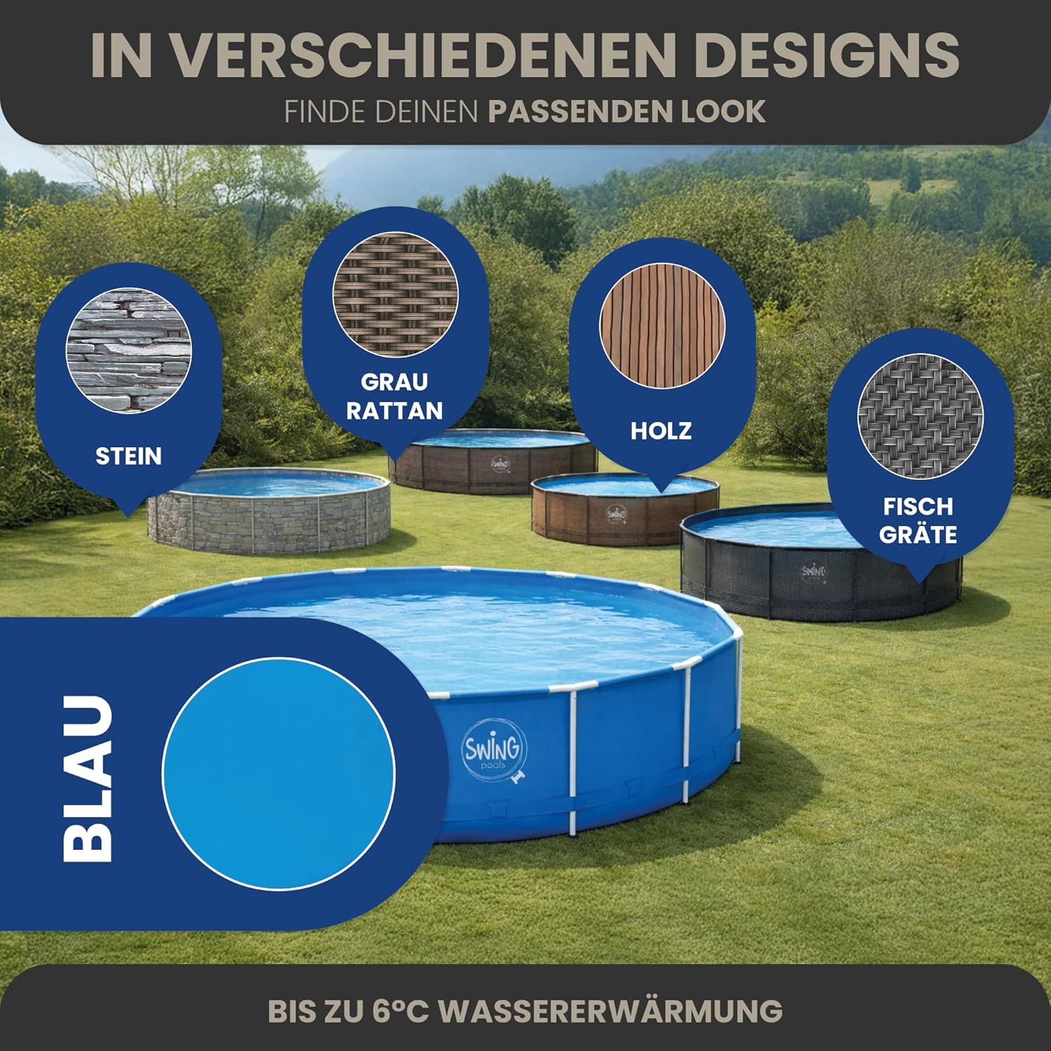 HAF - Swing Frame Pool rund Grau Fischgräte (Ø 366 cm, 91 cm tief) - Gartenpool mit 8.300 Liter - Robust, UV-geschützt & korrosionsbeständig - Stabiler Metallrahmen - Schnellaufbau ohne Werkzeug