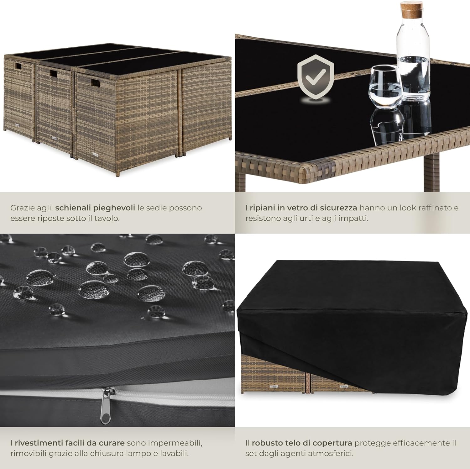 TecTake® Set in Poli Rattan, Set da Conversazione, Arredamento Giardino Elegante, 6 Sedie da Esterno, 1 Tavolo in Vetro, 4 Sgabelli, Ideale per Balcone, Giardino e Terrazzo - Naturale