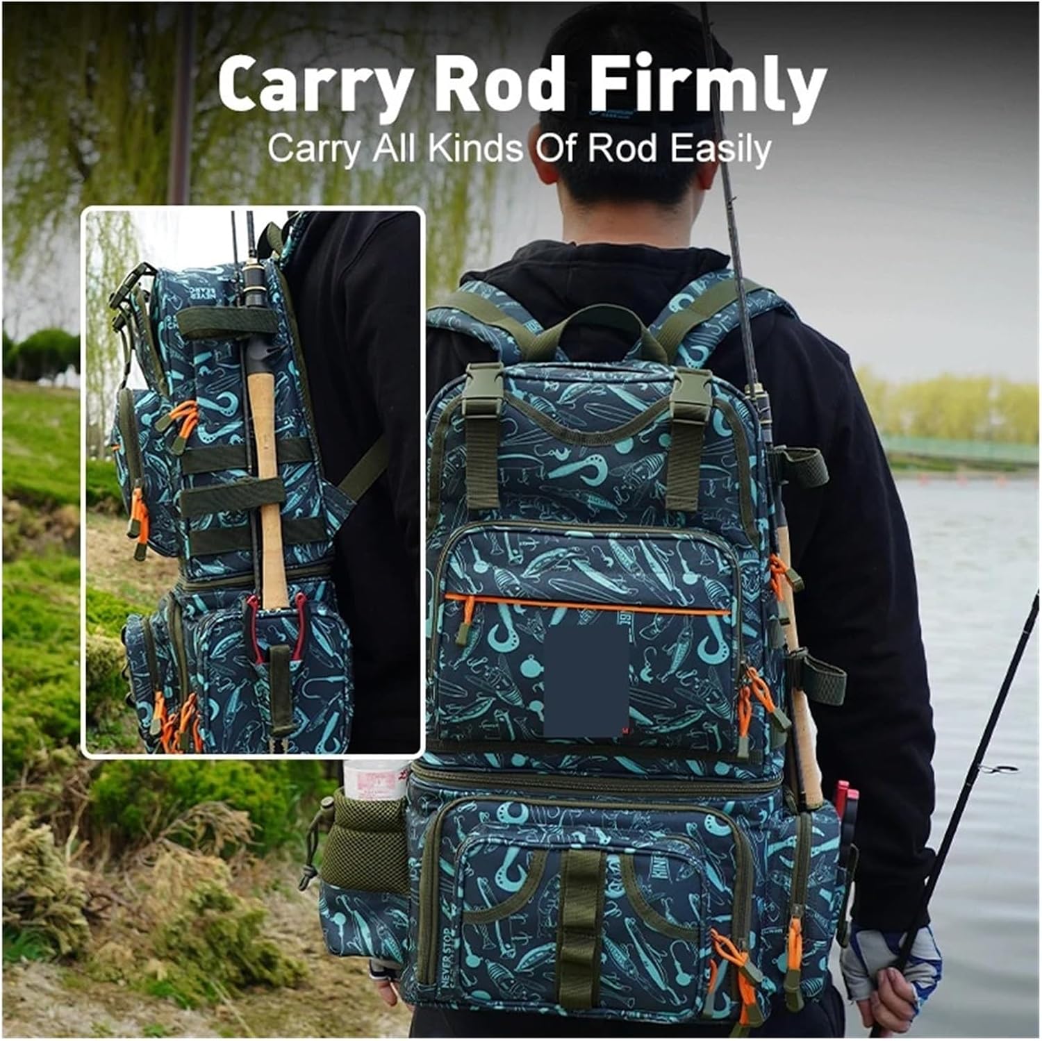 Angelrucksack, 1000D wasserdichtes Nylon, 43 x 24 x 53 cm, großes Fassungsvermögen, multifunktionaler, Abnehmbarer Stauraum for das Winterangeln