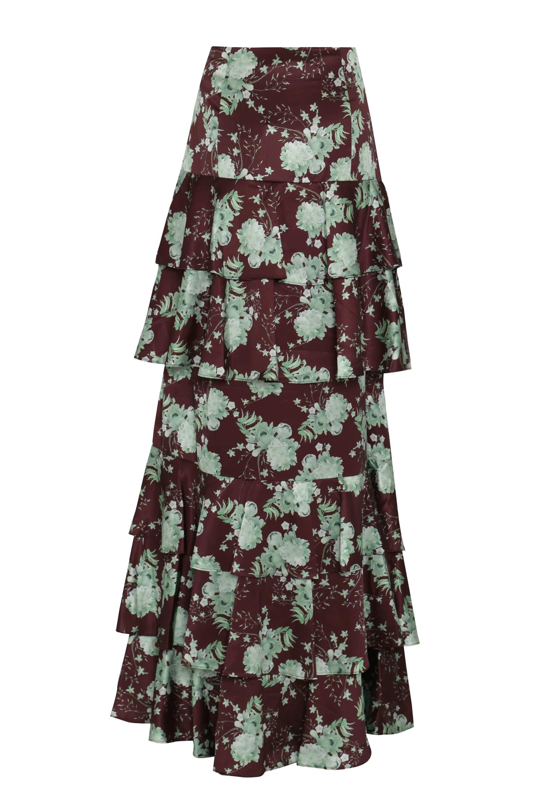 Lara Co-Ord Brown-Sage-Rose Ruffle Tiered High-Waisted Maxi-Skirt