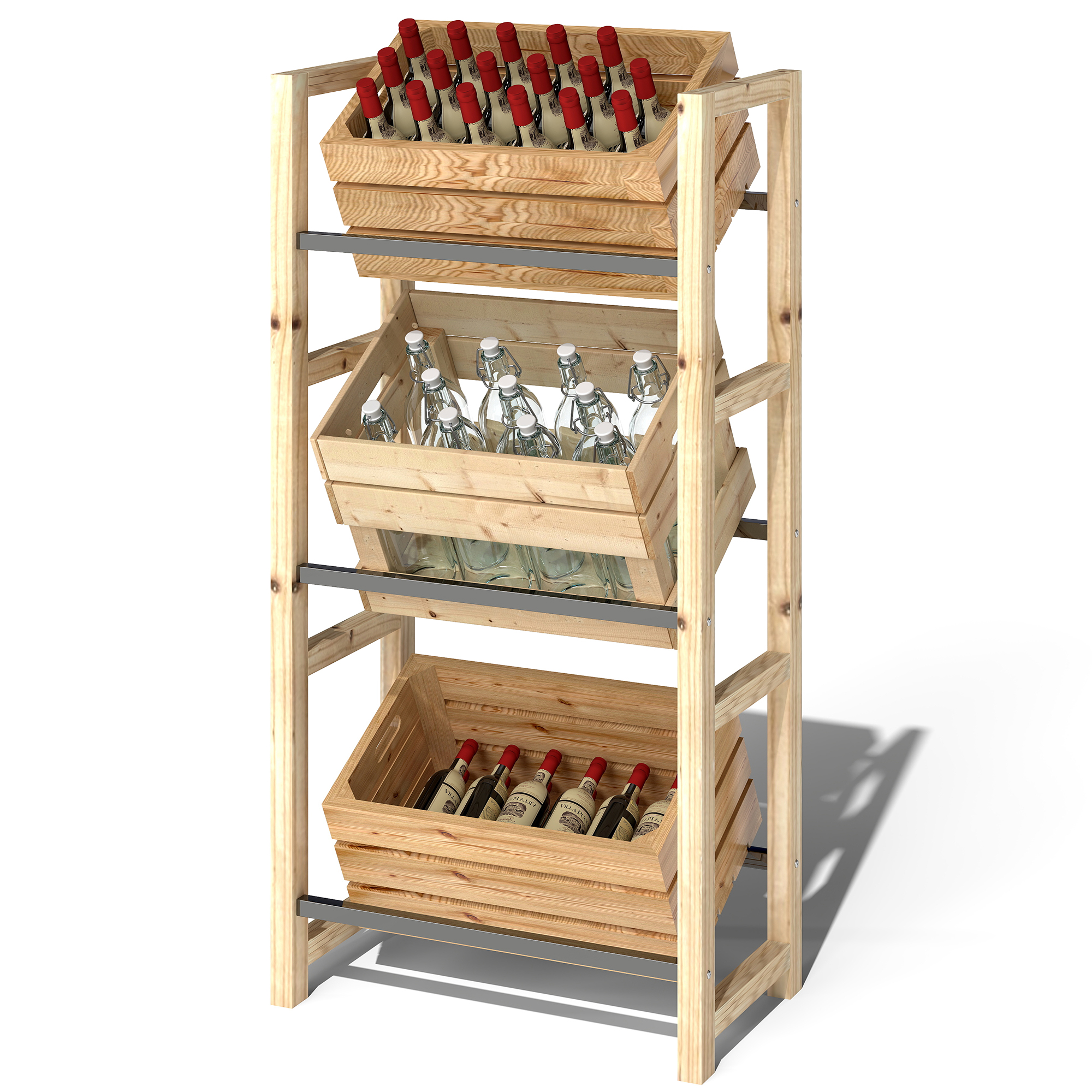 Outsunny Getränkekistenregal für 3 Getränkekisten Getränkeregal Holz Kistenregal mit 3 Ebenen 56 x 32 x 112 cm Naturholz