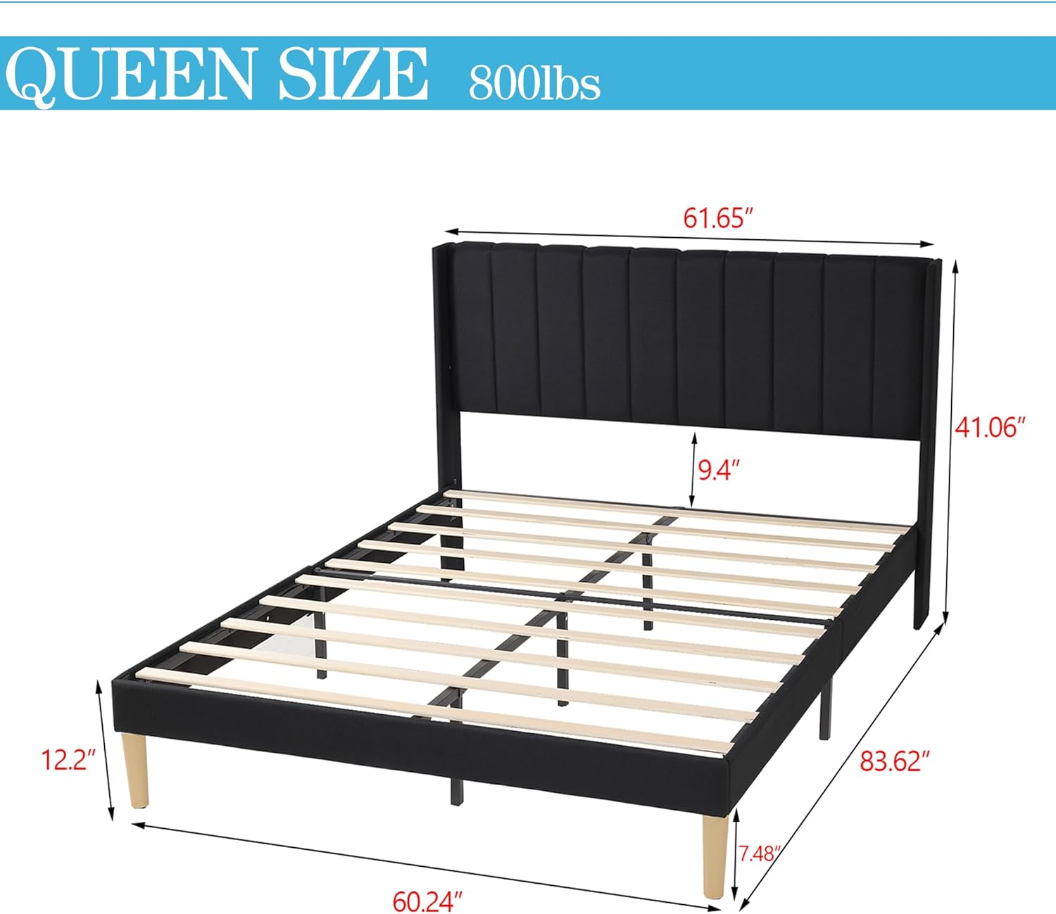 alazyhome Upholstered Platform Queen Size Bed Frame with Headboard Wooden Slats Support No Noise Easy Assembly Black Linen
