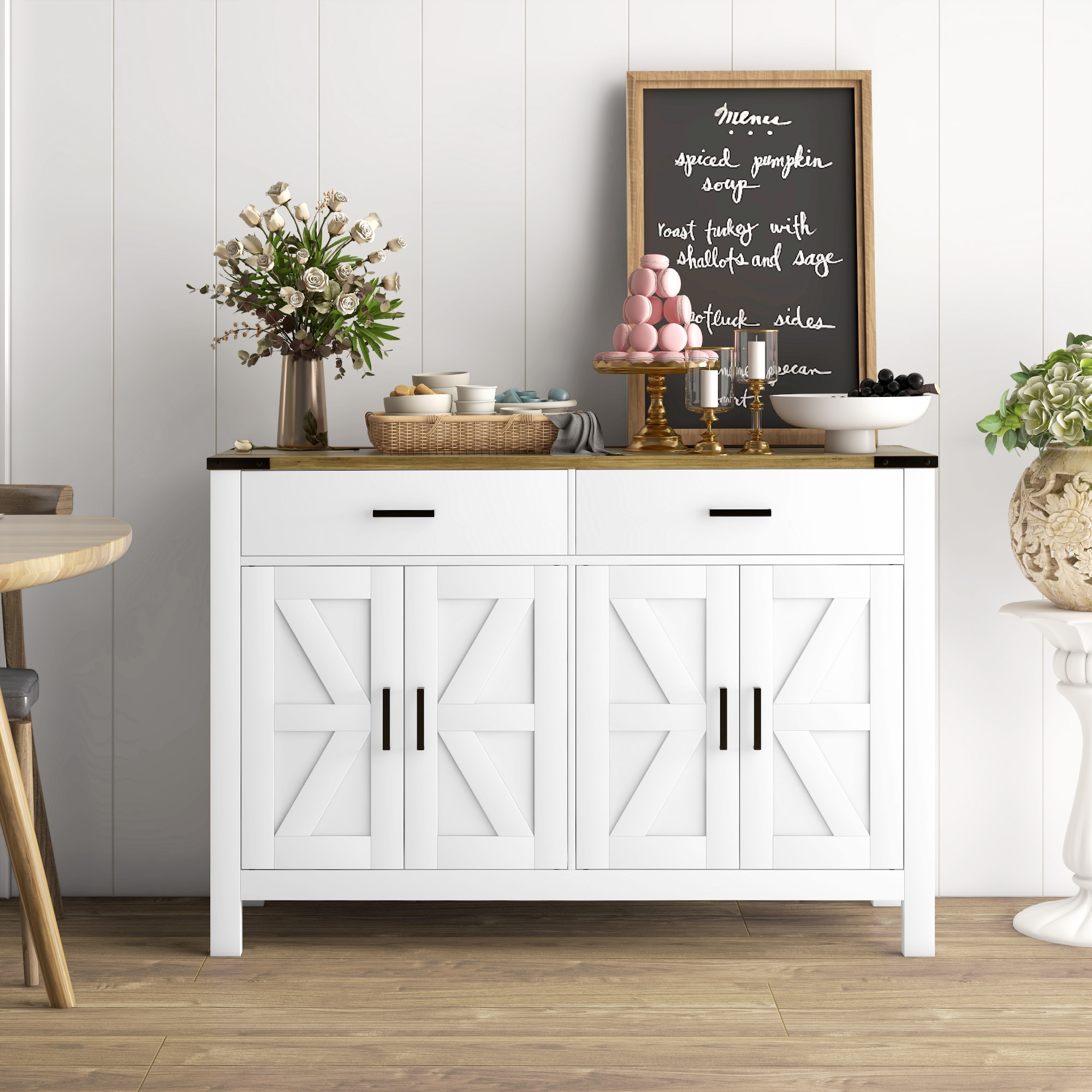 HOMCOM Buffet Schrank im ländlichen Stil mit 2 Schubladen und 2 Schränken mit verstellbaren Regalen, 120 x 39,3 x 82,5 cm, weiß