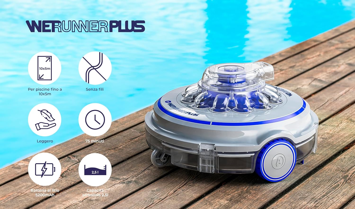 Gre RBR75 - Wet Runner Plus Robot senza fili per piscine fino a 50 m2 con fondo piatto. Pulitore elettrico per piscine con 75 minuti di autonomia