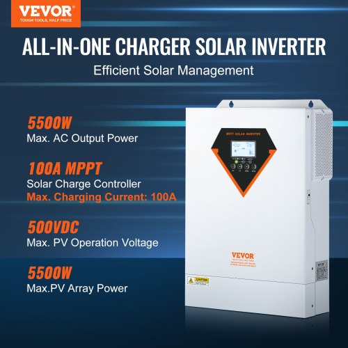 VEVOR 2-in-1-Hybrid-Solar-Wechselrichter 5500W Solar Inverter 11000VA Reiner Sinus MPPT LCD-Display 3 Lademodi (Solarladung, Netzladung, Hybridladung) & 4 Ausgangsmodi (UTL, SOL, SBU, SUB)