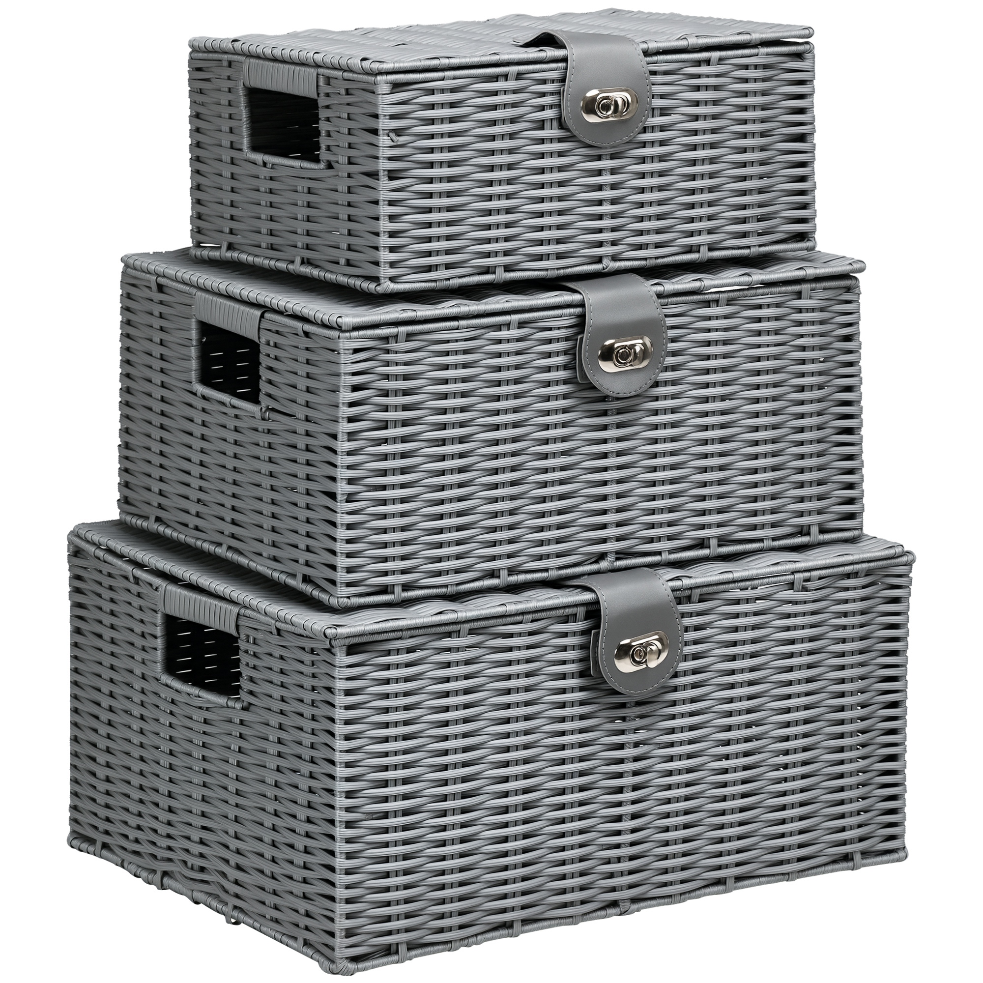 HOMCOM 3er-Set Aufbewahrungskörbe aus PE- Rattan, mit Verschluss, Tragegriffen, 35,5 cm x 28,5 cm x 18 cm, Grau