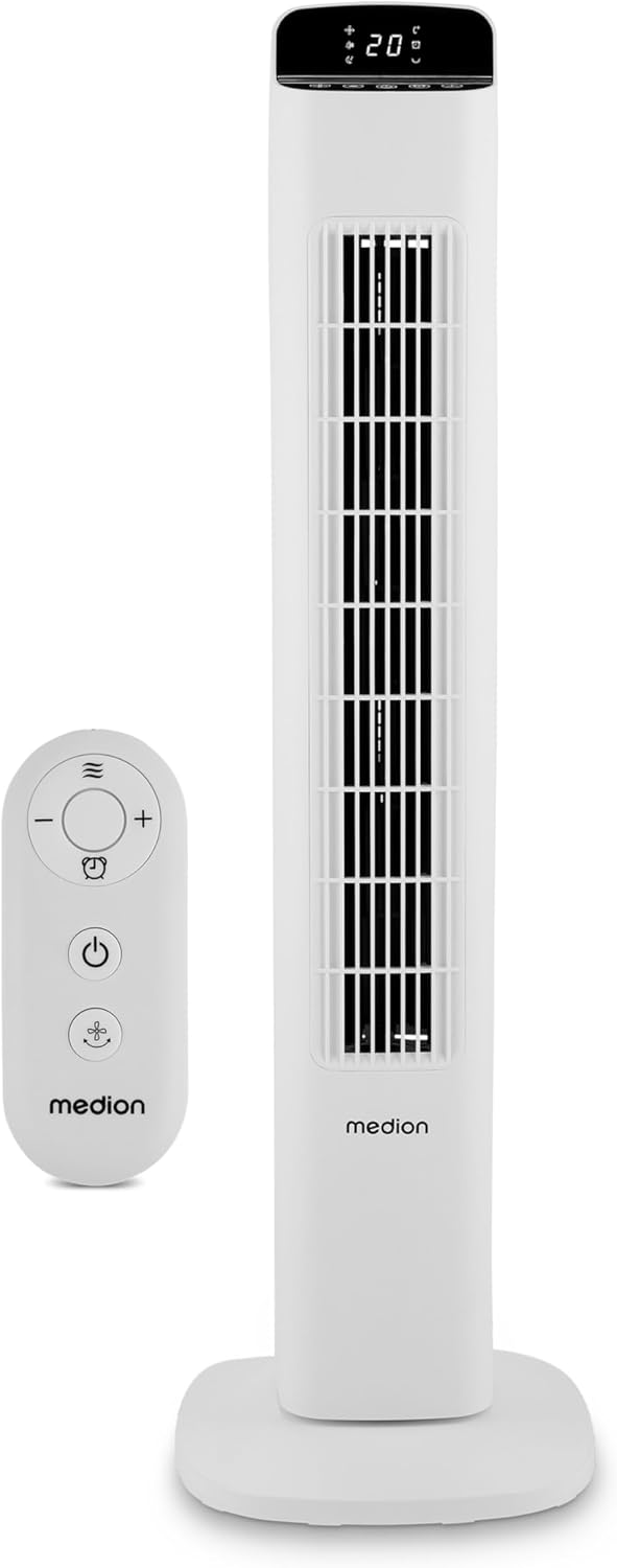 MEDION P15 TF Turmventilator mit Fernbedienung (5 Geschwindigkeitsstufen, leiser Schlafmodus, 45 Watt Leistung, Automatische 80° horizontale Oszillation, LED Display, MD10809) weiß