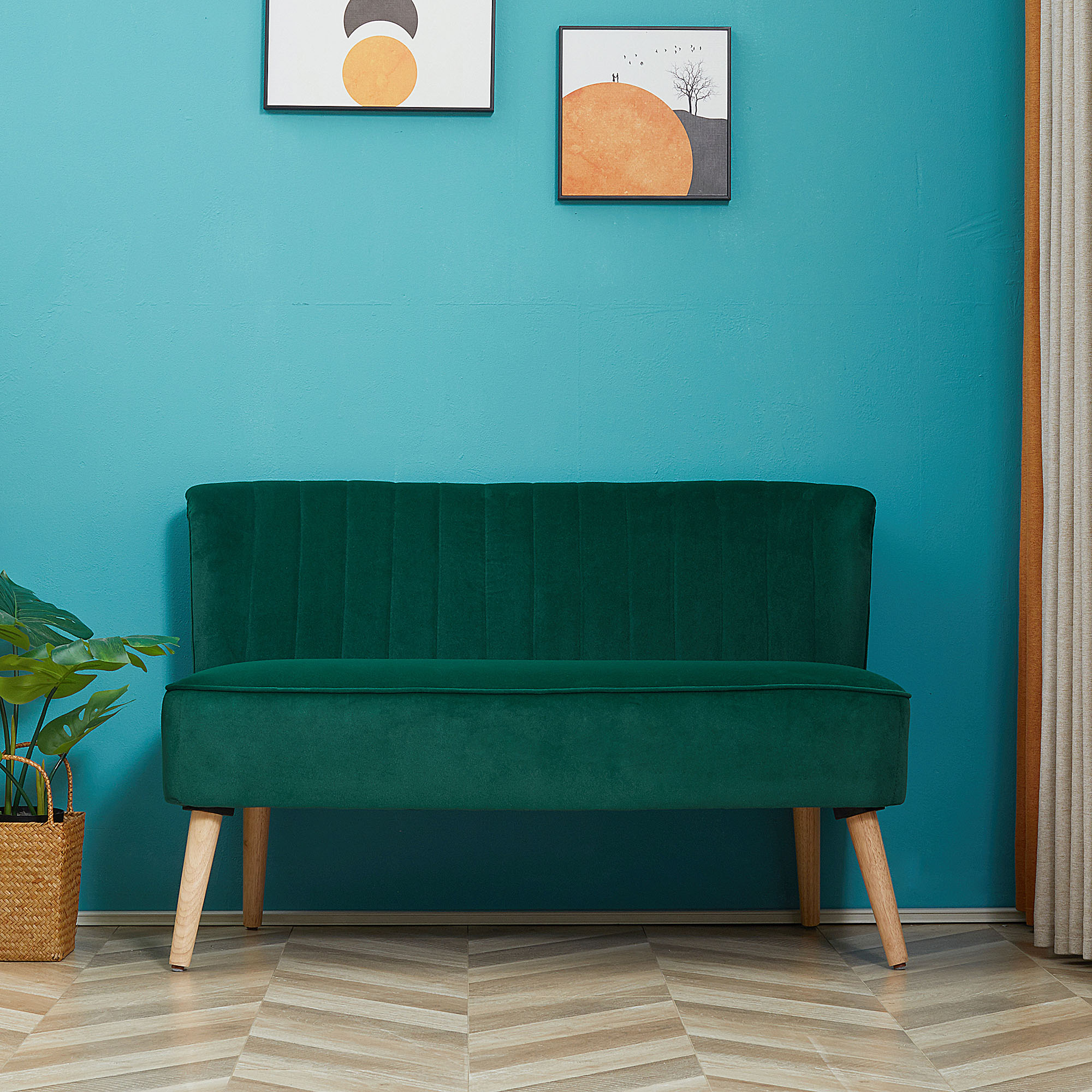 Sofa Retrodesign 2-zitsbank, houten poten, 117 cm x 56,5 cm x 77 cm, Donkergroen