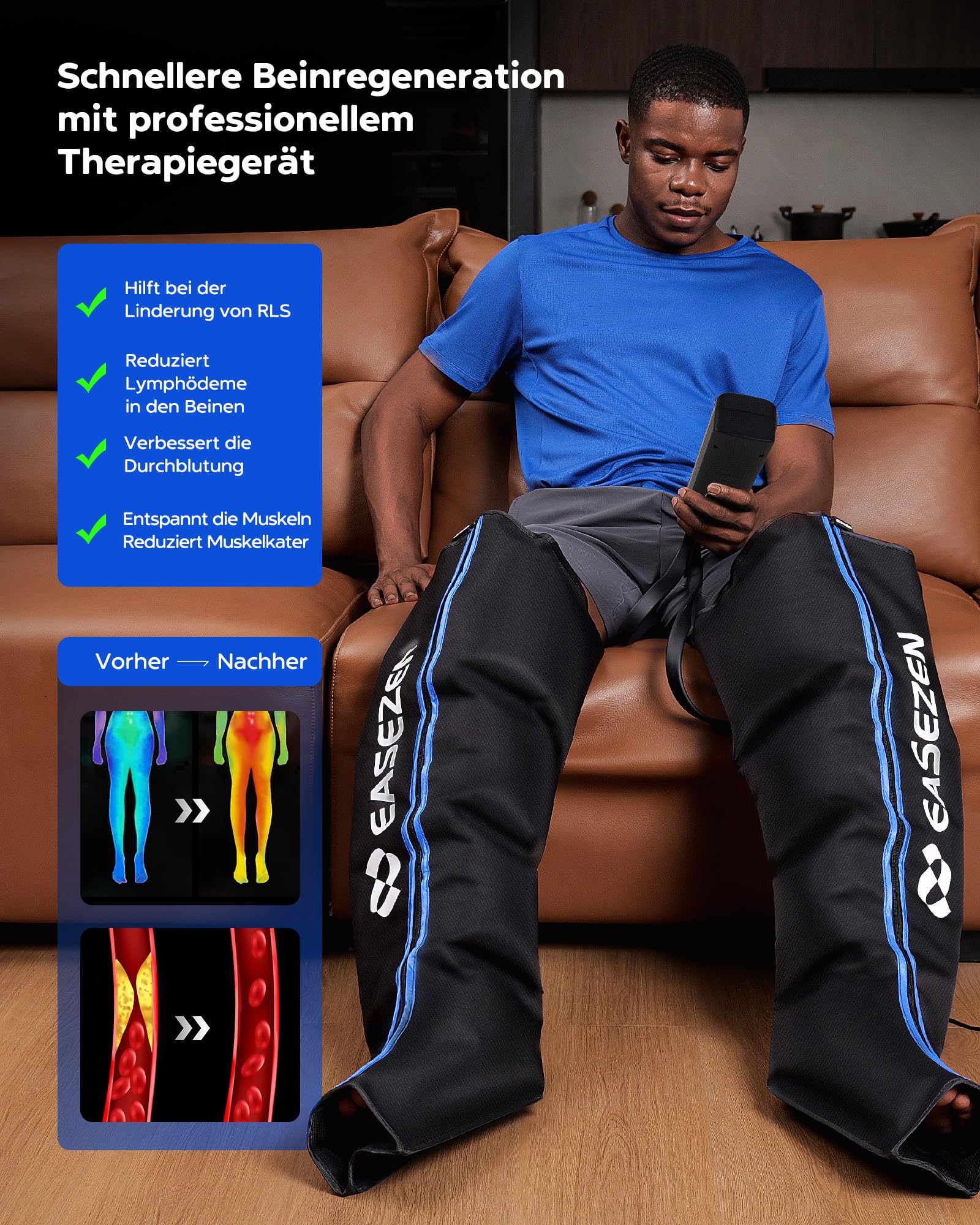Luftkompressions-Beinmassagegerät Größe M für Fuß Wade Oberschenkel mit 6 Modi und 11 Intensitäten