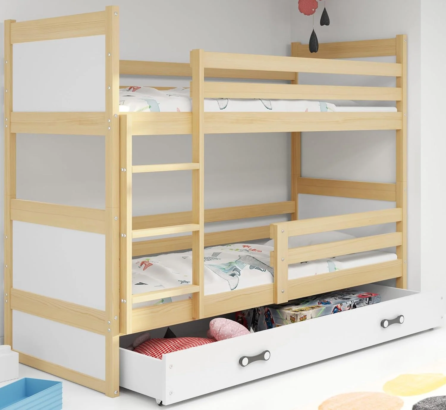 Interbeds Etagenbett 200x90 cm Hochbett mit Schublade Stockbett Holzbett Kiefernholz Kinderbett Jugenbett mit Lattenrost und Rausfallschutz